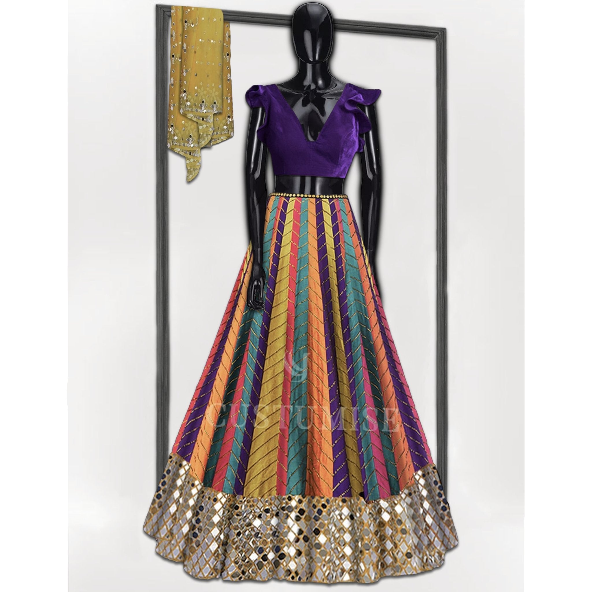 Multicolor Mirror work Lehenga - Indian Designer Bridal Wedding Outfit