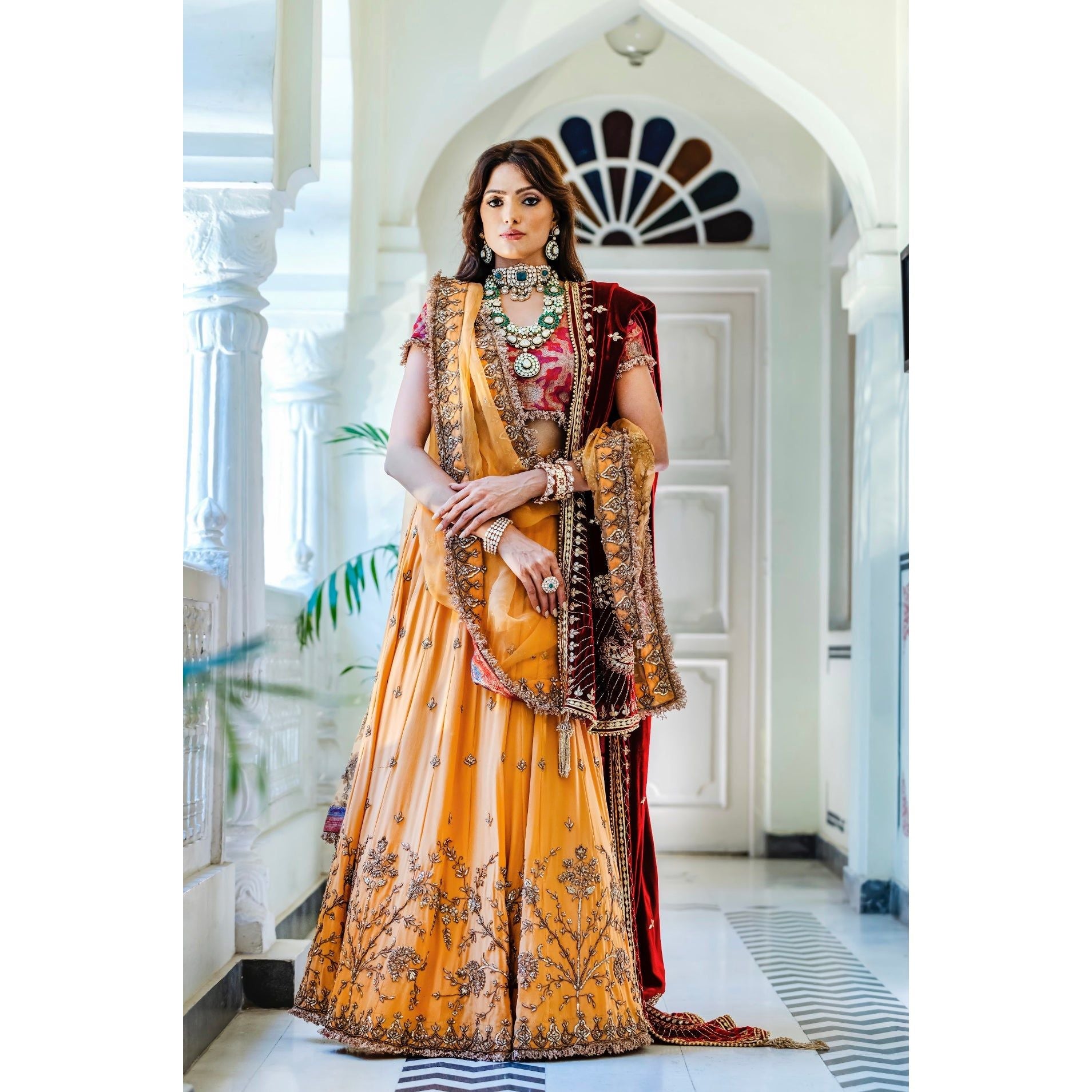 Mustard and Maroon Lehenga Set - Indian Designer Bridal Wedding Outfit