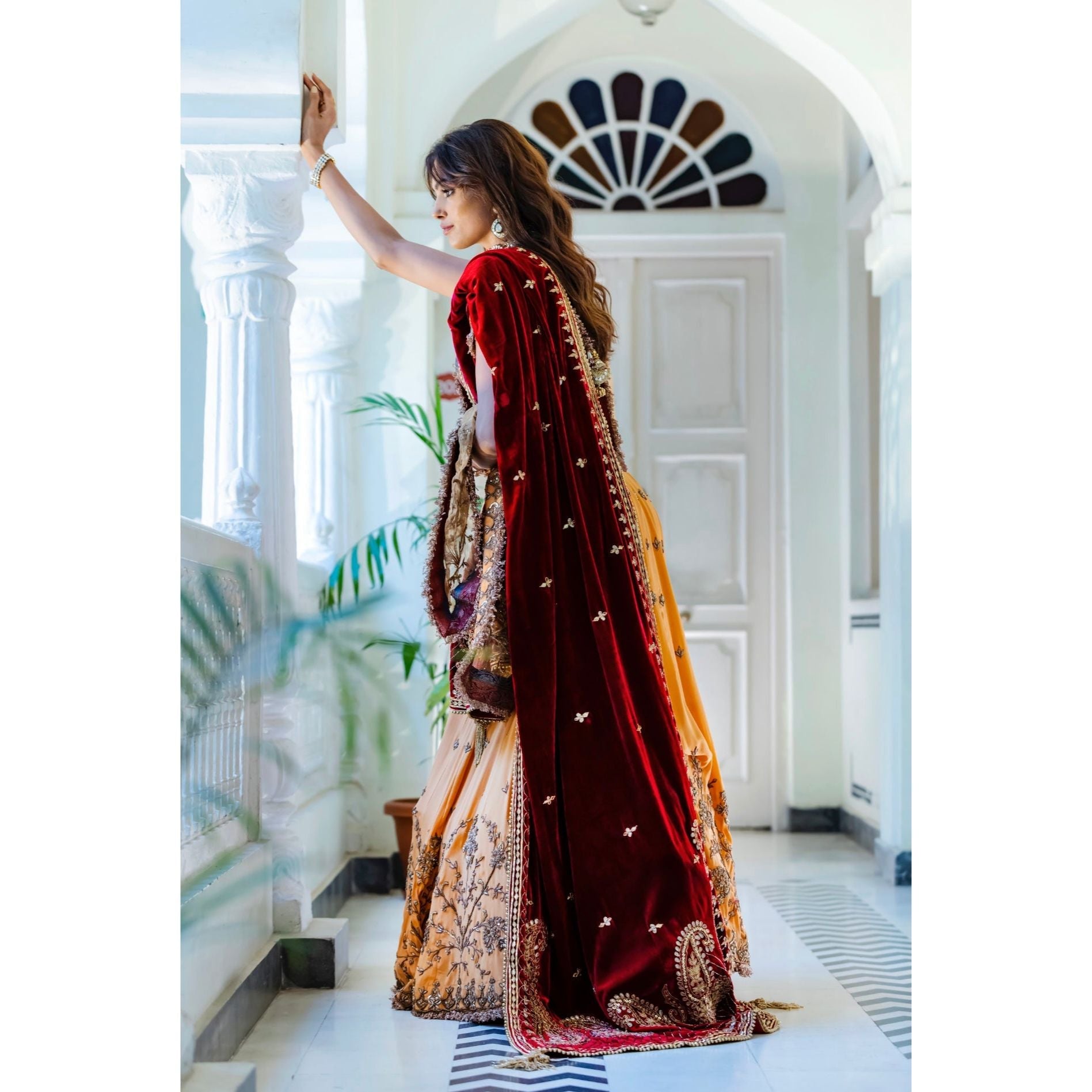 Mustard and Maroon Lehenga Set - Indian Designer Bridal Wedding Outfit