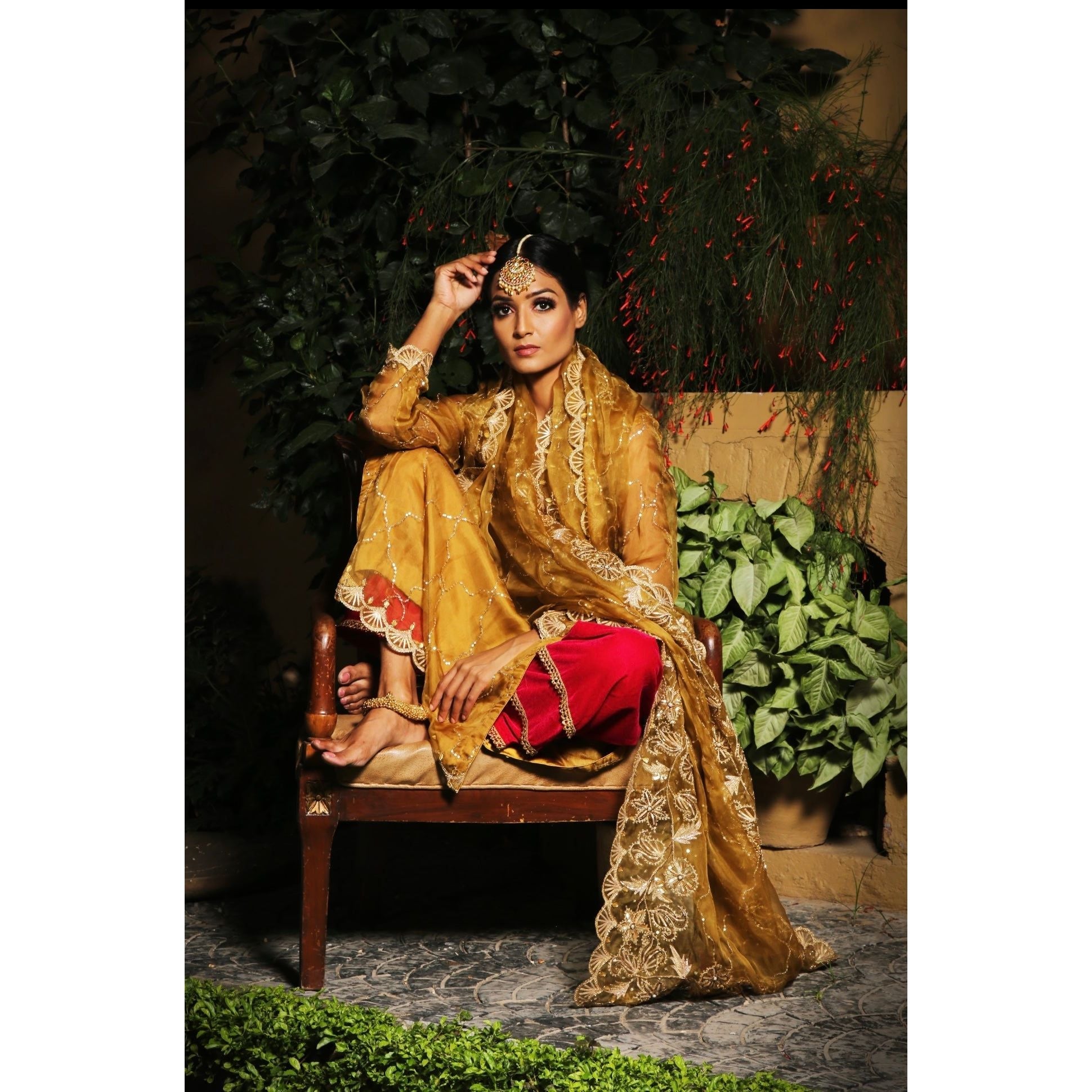 Mustard yellow and Red Kurta Set - Indian Designer Bridal Wedding Outfit