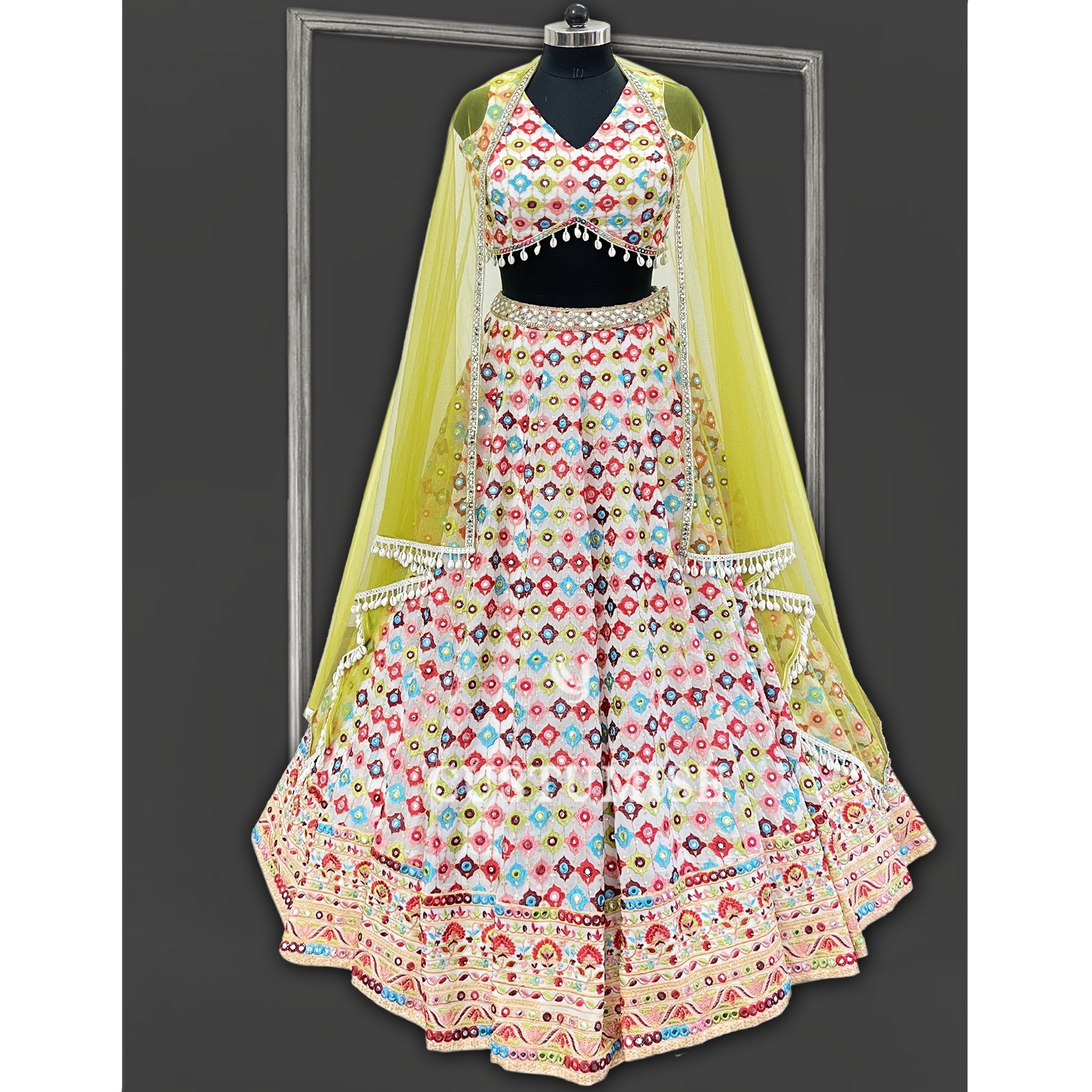 Off white Multi thread Mirror Lehenga set - Indian Designer Bridal Wedding Outfit