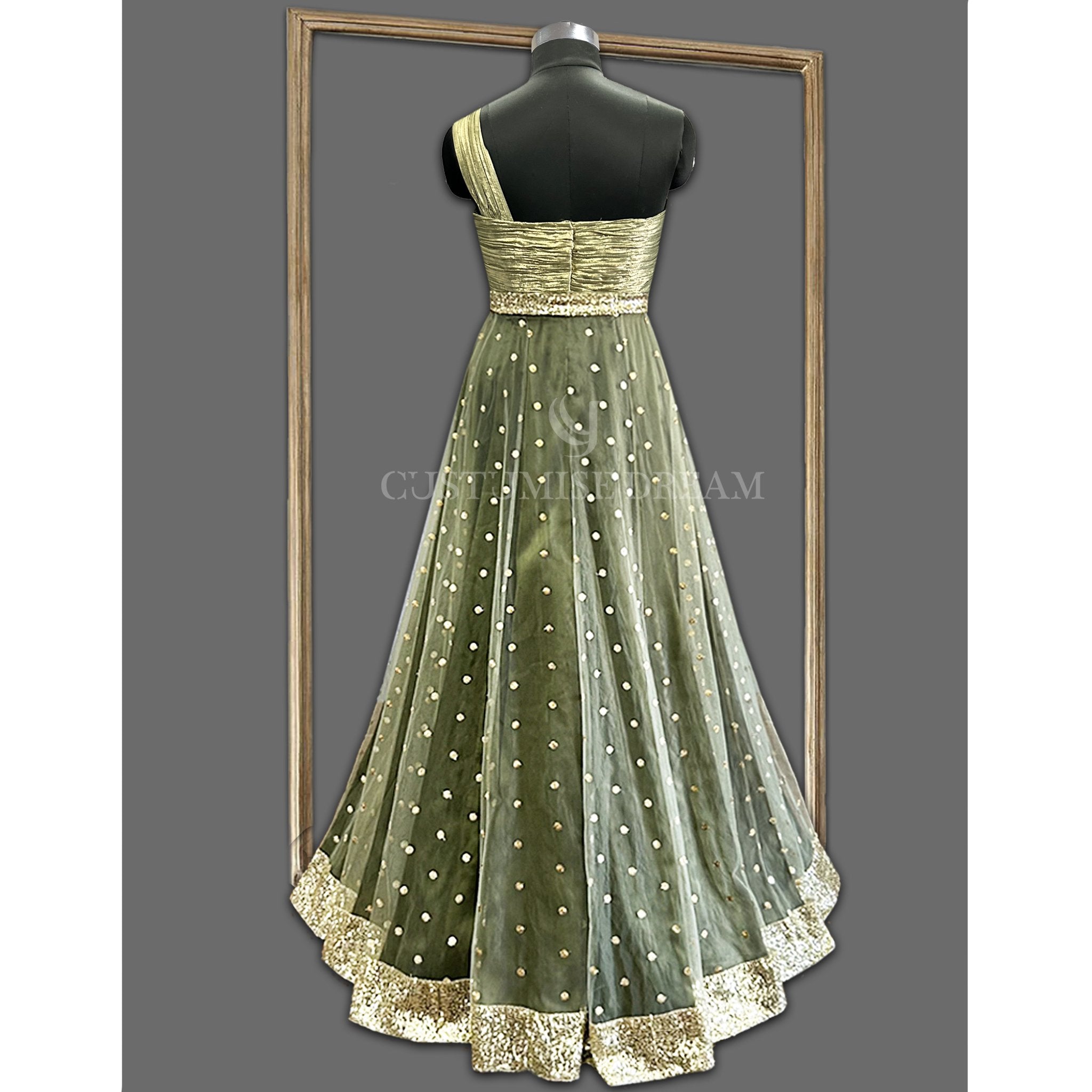 Olive Green Sequin Jumpsuit - Indian Designer Bridal Wedding Outfit