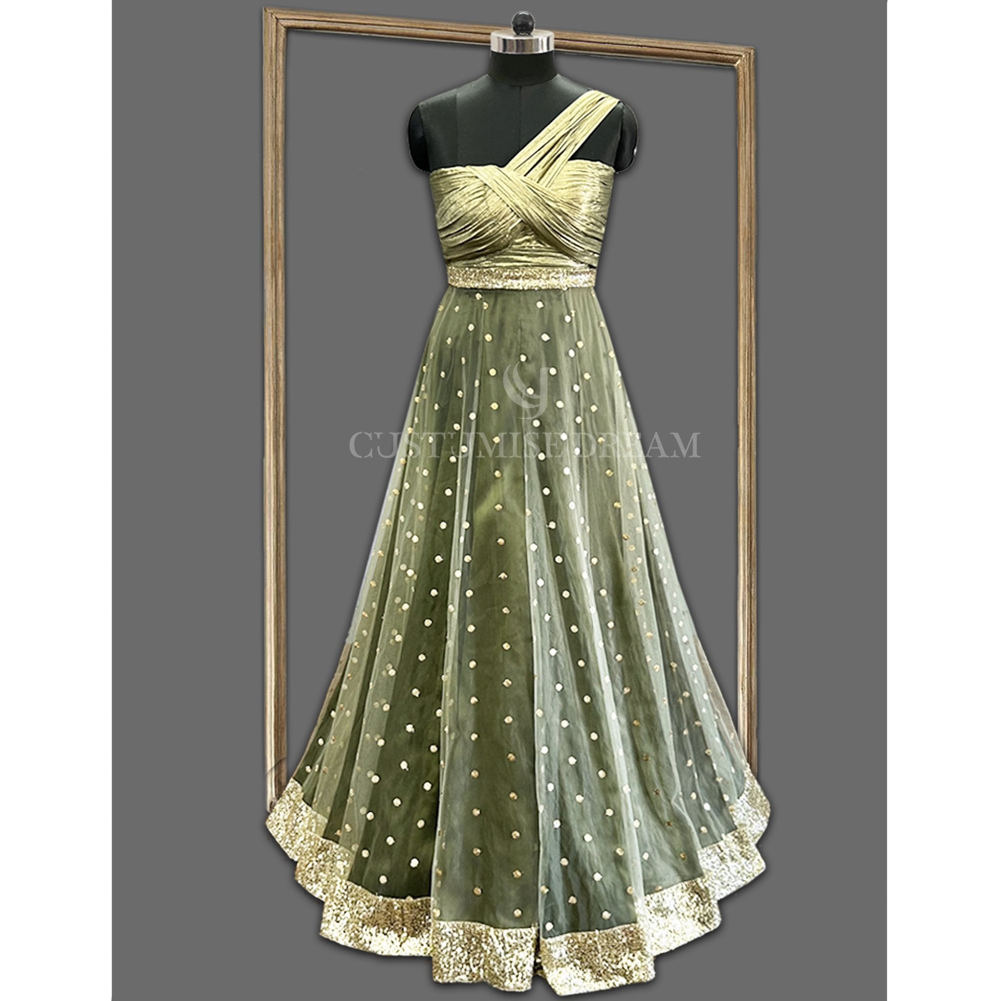 Olive Green Sequin Jumpsuit - Indian Designer Bridal Wedding Outfit