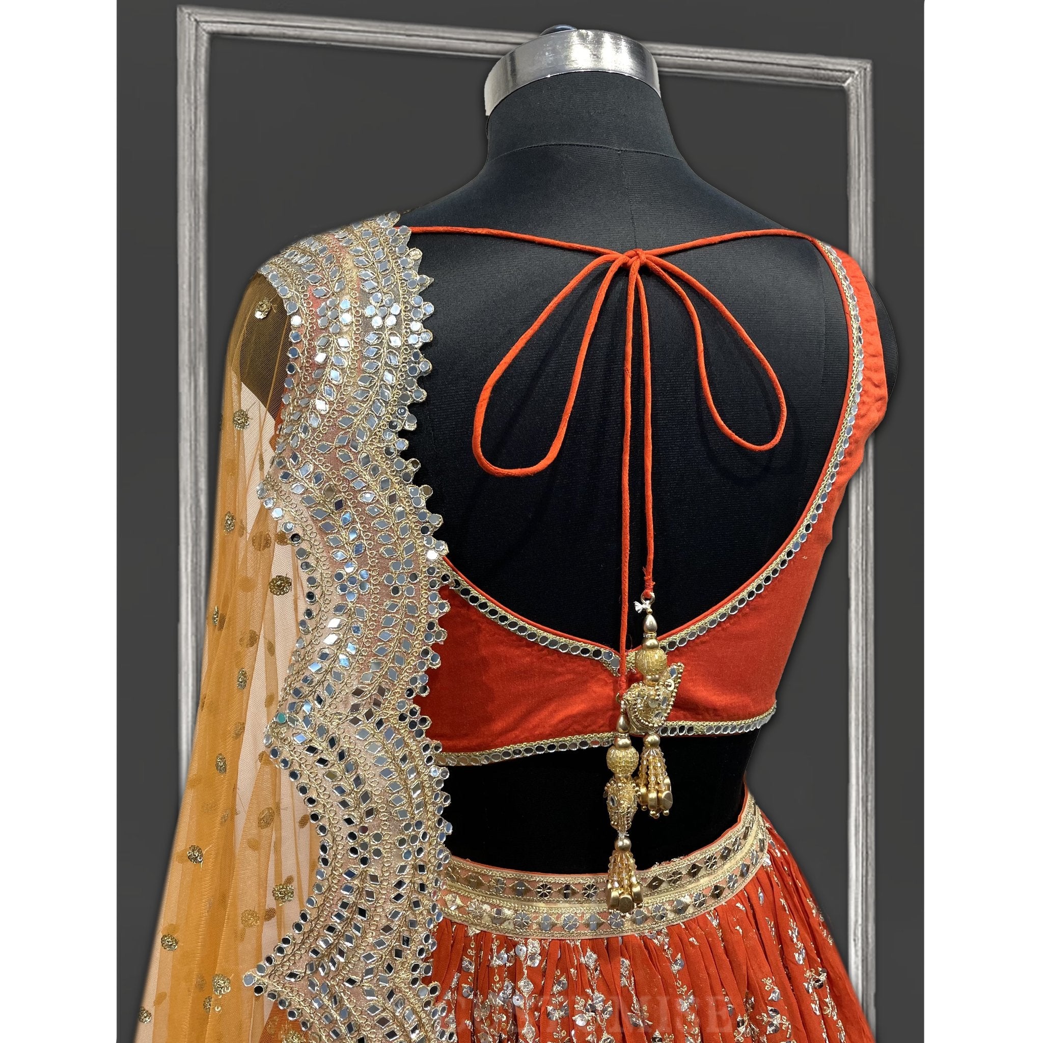 Orange embroidered and Mirror lehenga set - Indian Designer Bridal Wedding Outfit