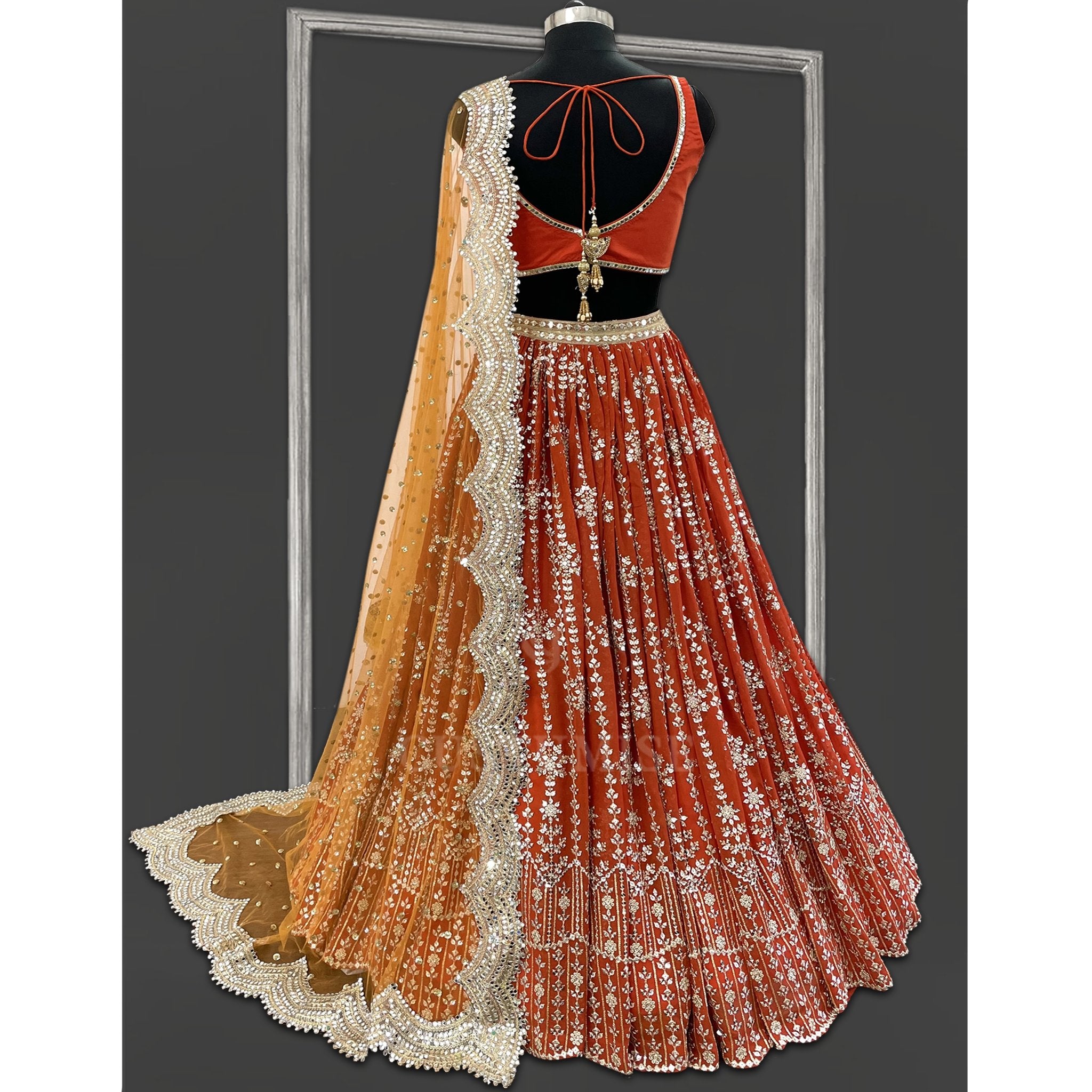 Orange embroidered and Mirror lehenga set - Indian Designer Bridal Wedding Outfit