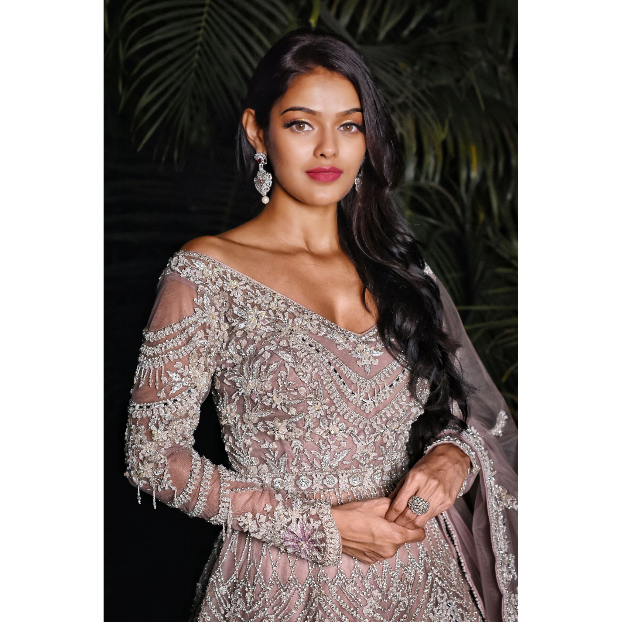 Oyster Grey Persian Anarkali Lehenga Set - Indian Designer Bridal Wedding Outfit