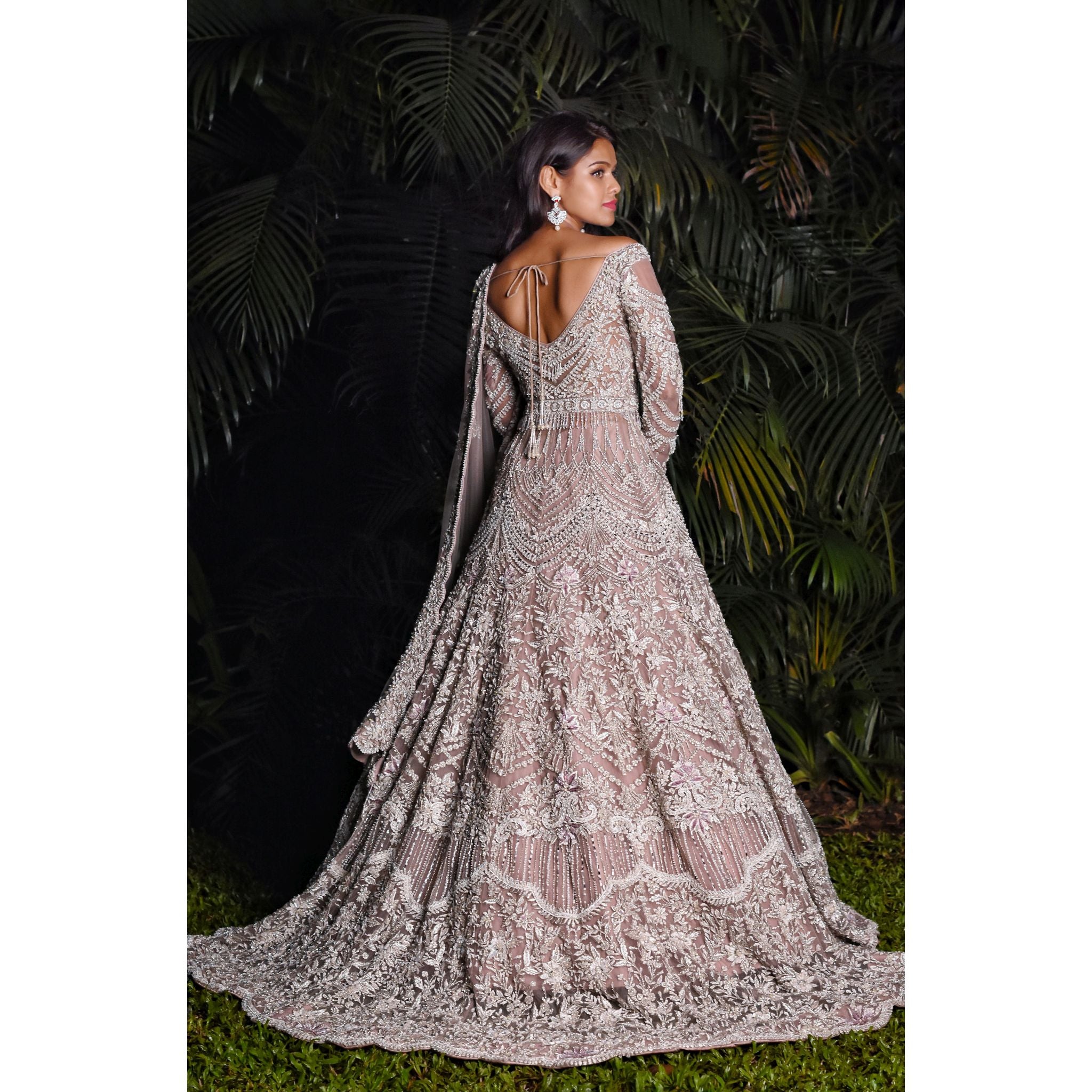 Oyster Grey Persian Anarkali Lehenga Set - Indian Designer Bridal Wedding Outfit