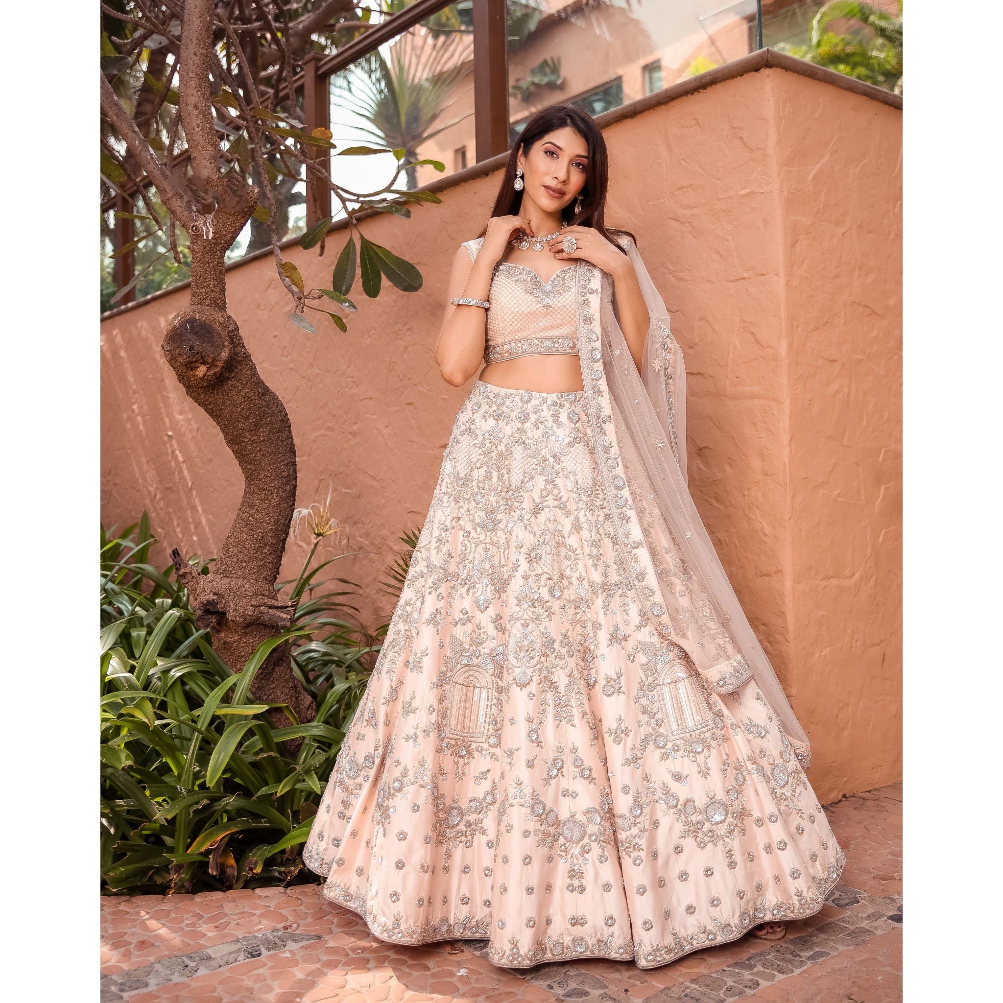 Pastel Peach Champagne Lehenga Set - Indian Designer Bridal Wedding Outfit