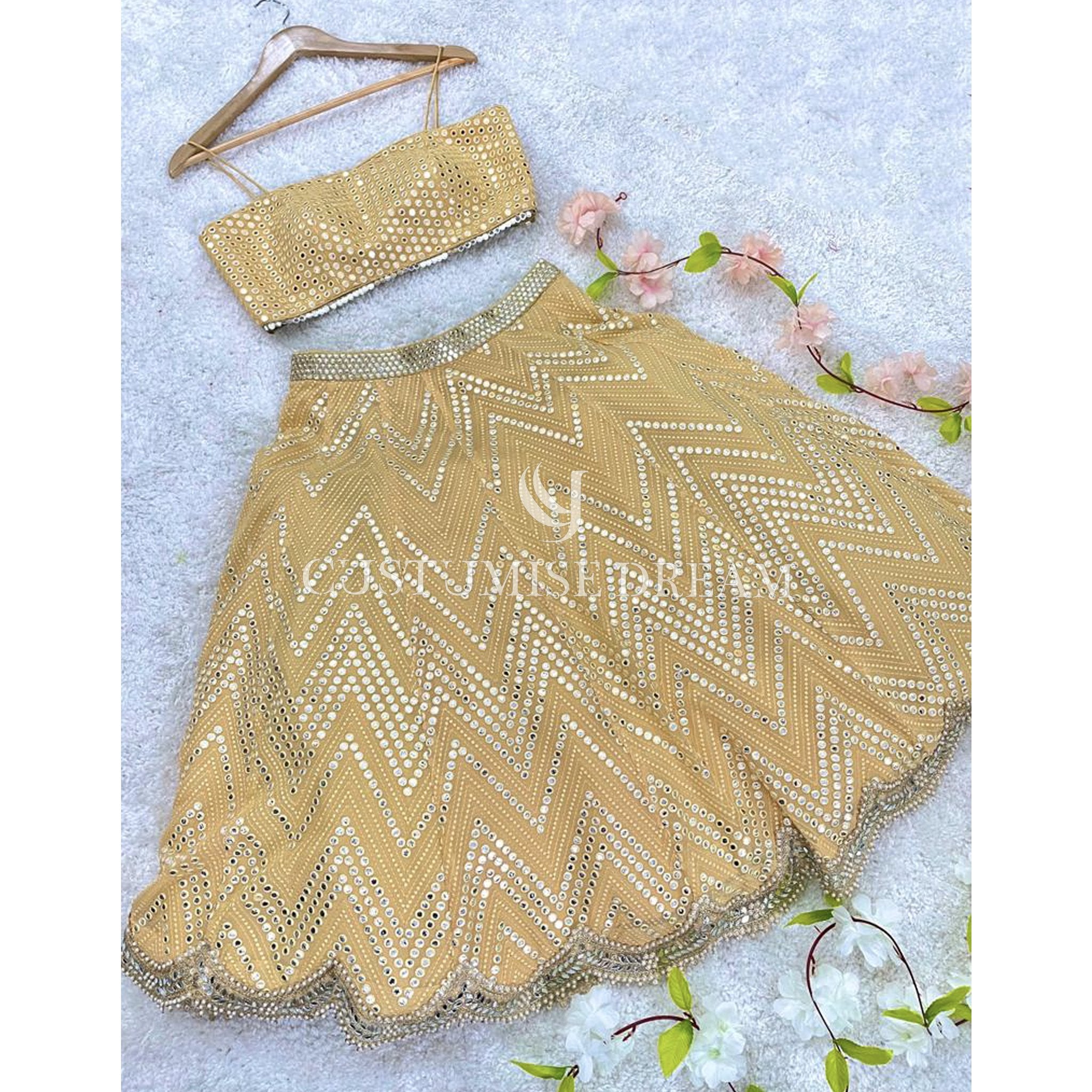 Pastel Peach Mirror Embroidered Short Skirt - Indian Designer Bridal Wedding Outfit