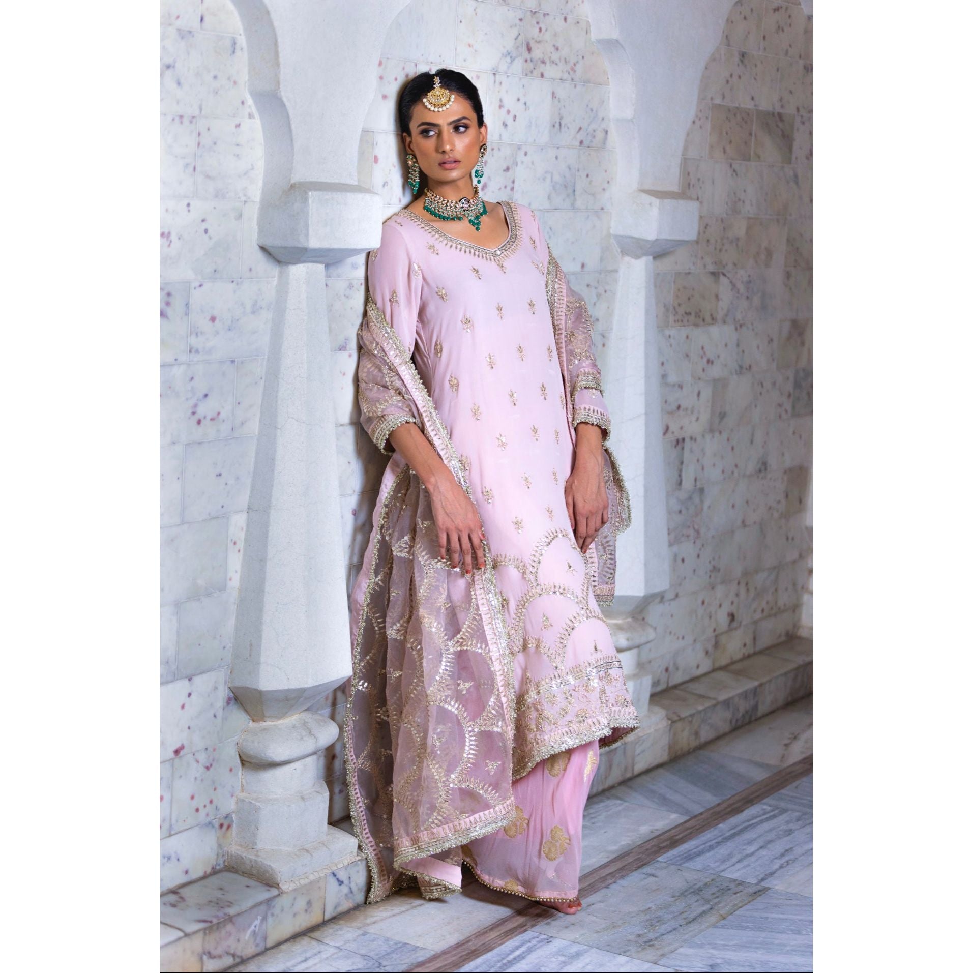 Pastel Pink Embroidered Sharara Set - Indian Designer Bridal Wedding Outfit