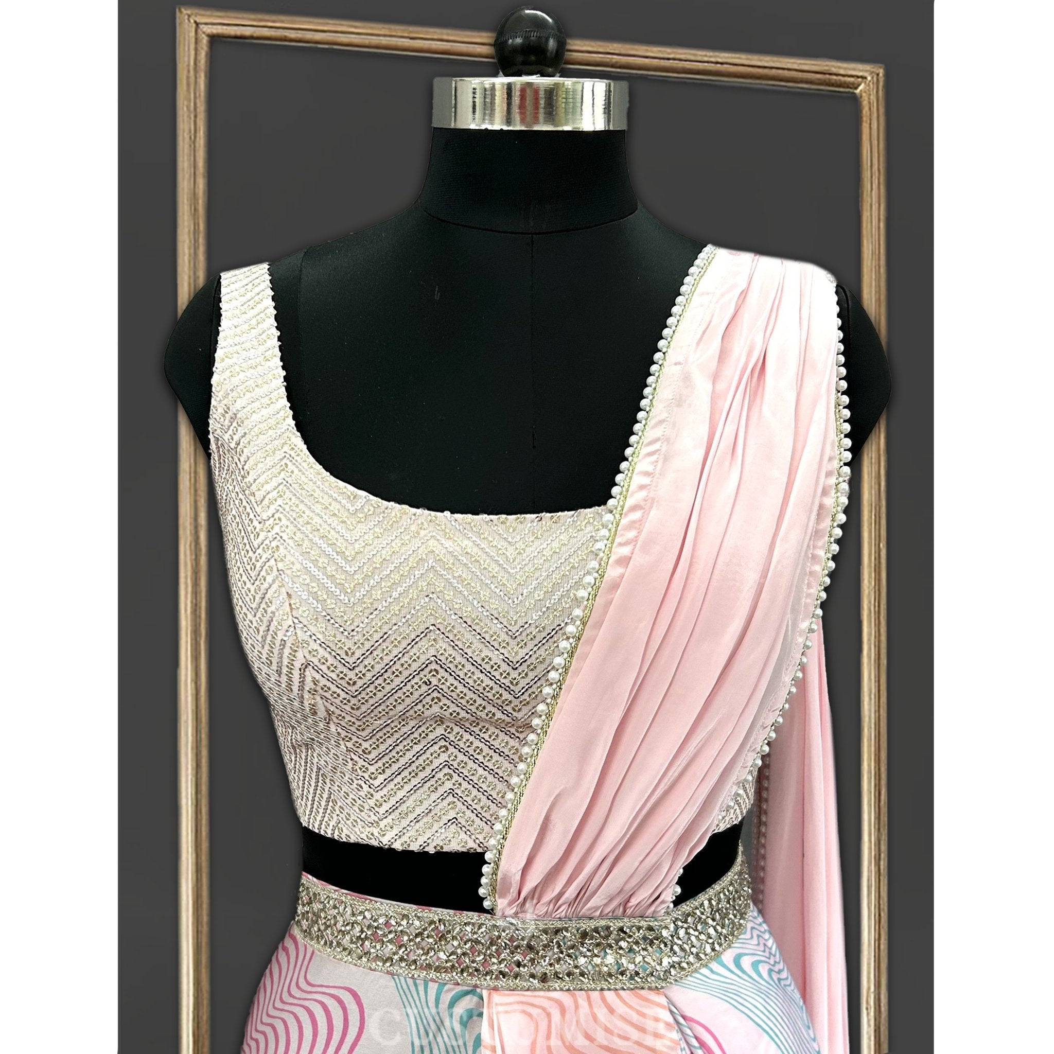 Pastel Pink Geometric Draped Dhoti Saree - Indian Designer Bridal Wedding Outfit