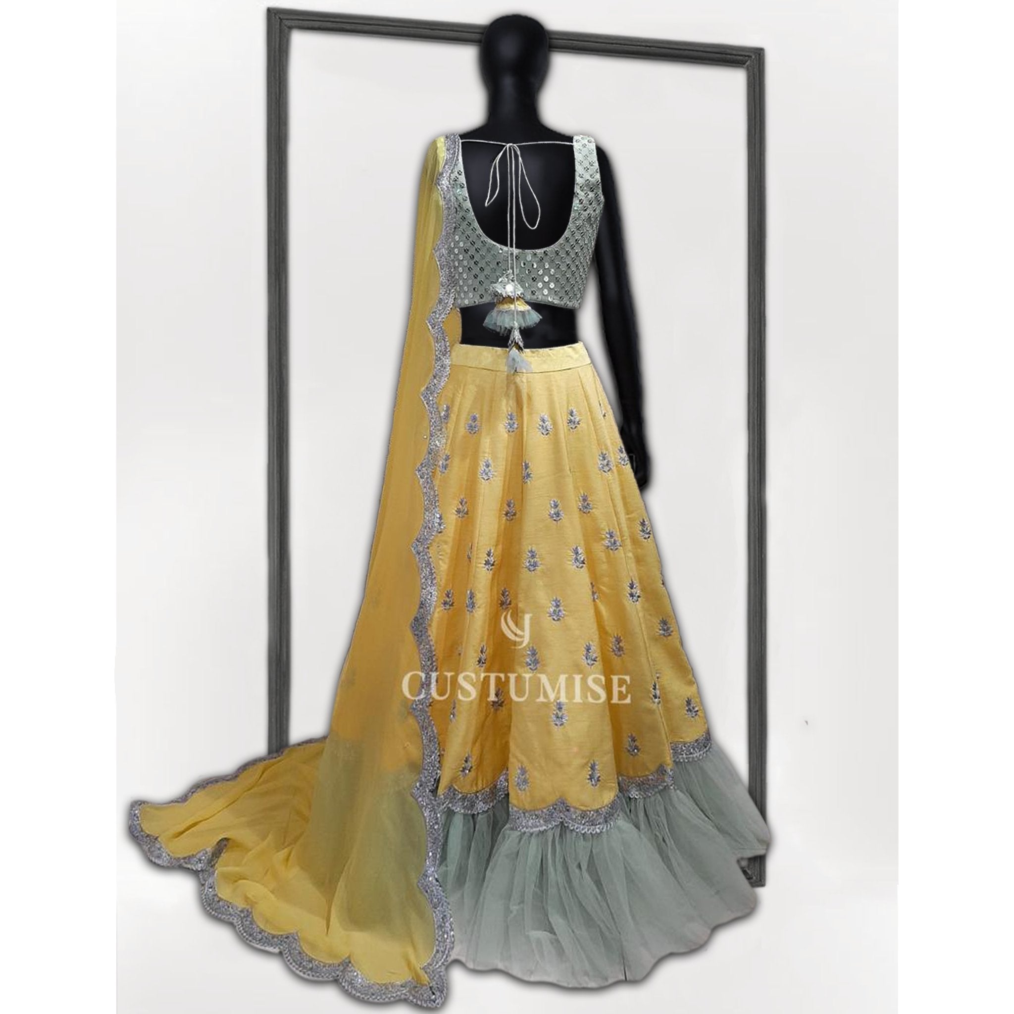 Pastel yellow and Mint green Lehenga - Indian Designer Bridal Wedding Outfit