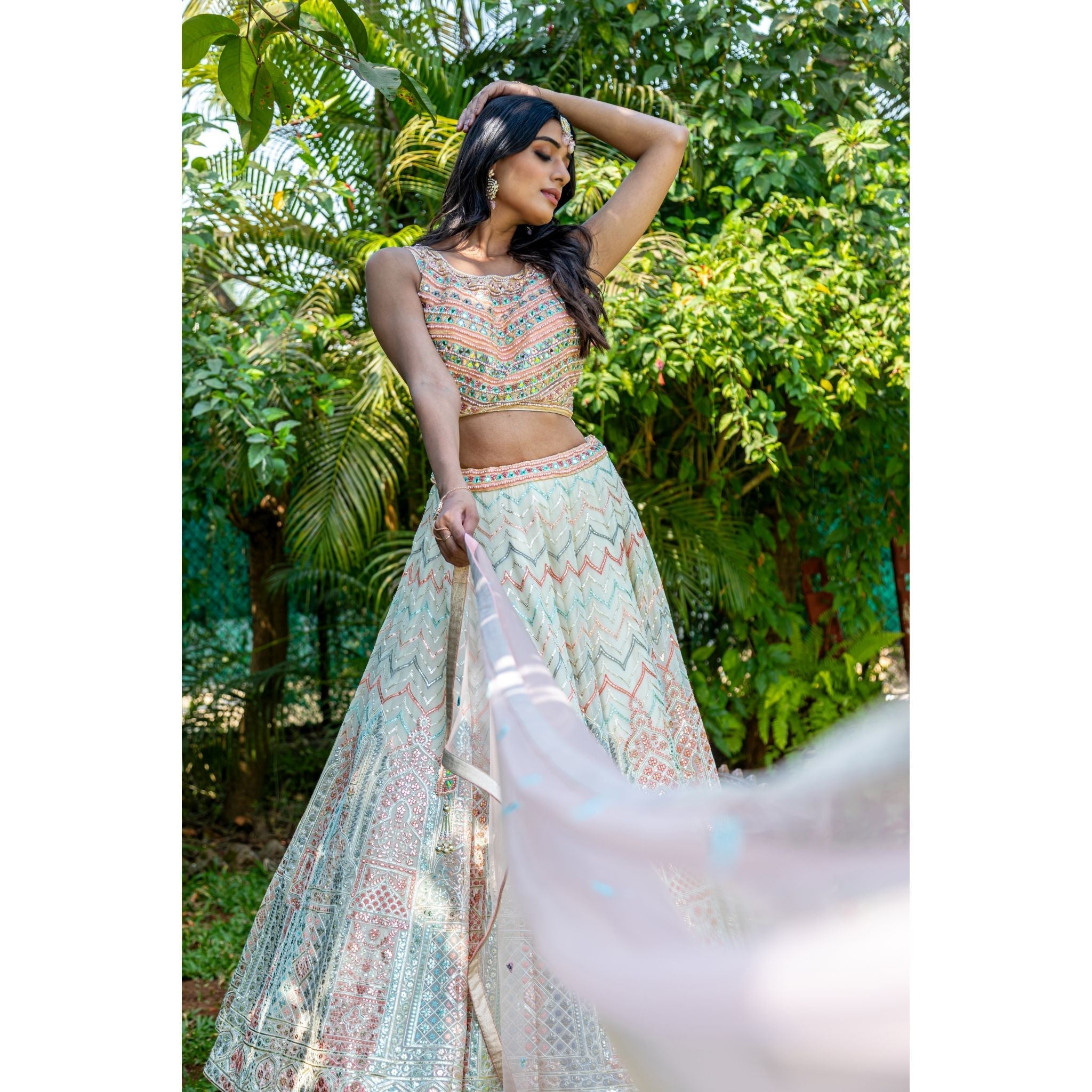 Peach And Cream Aztec Lehenga Set - Indian Designer Bridal Wedding Outfit