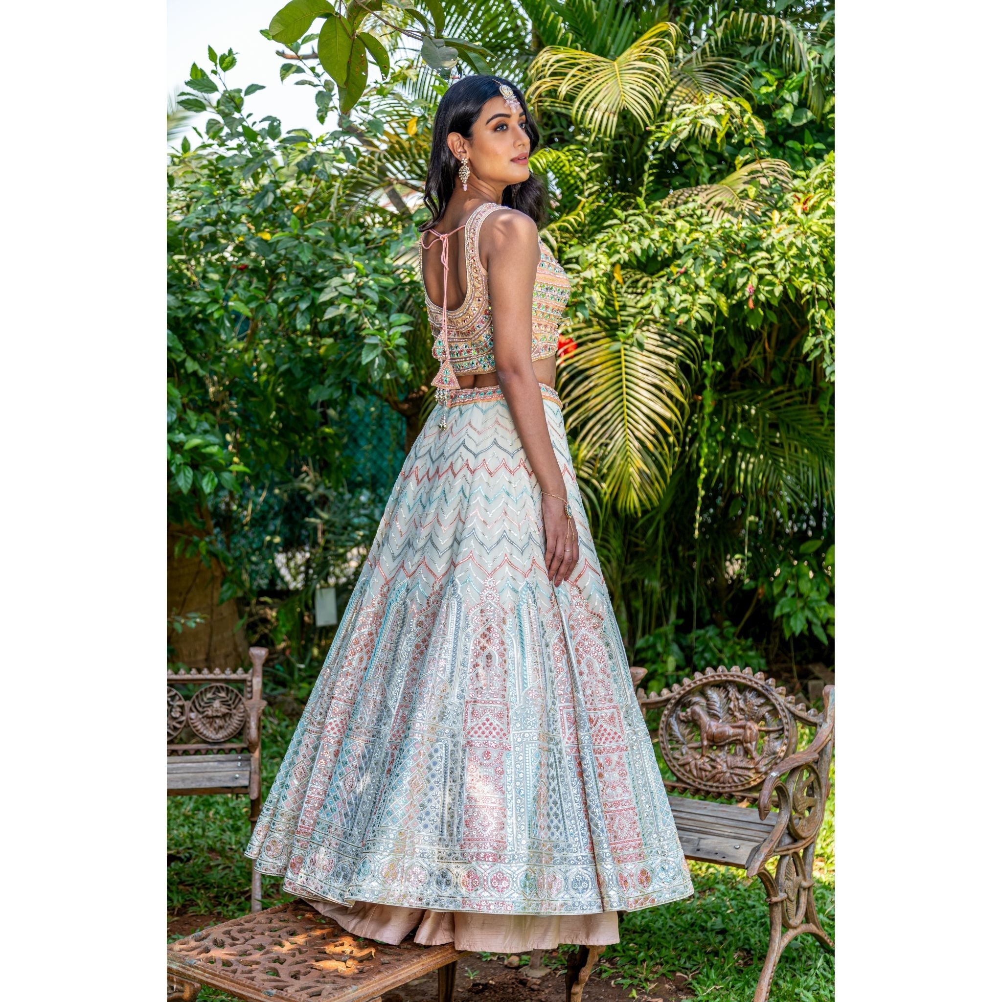 Peach And Cream Aztec Lehenga Set - Indian Designer Bridal Wedding Outfit