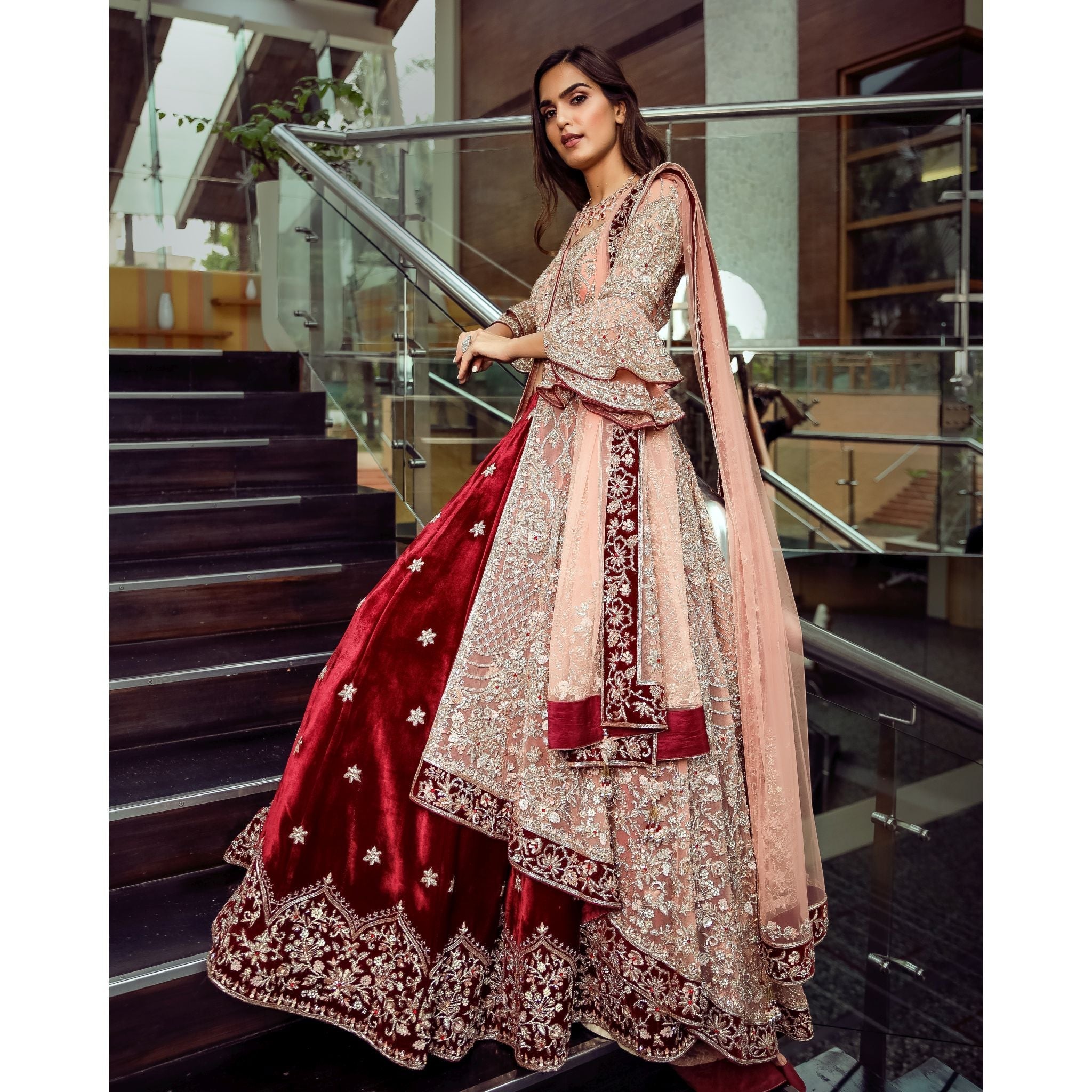 Peach And Maroon Anarkali Lehenga - Indian Designer Bridal Wedding Outfit