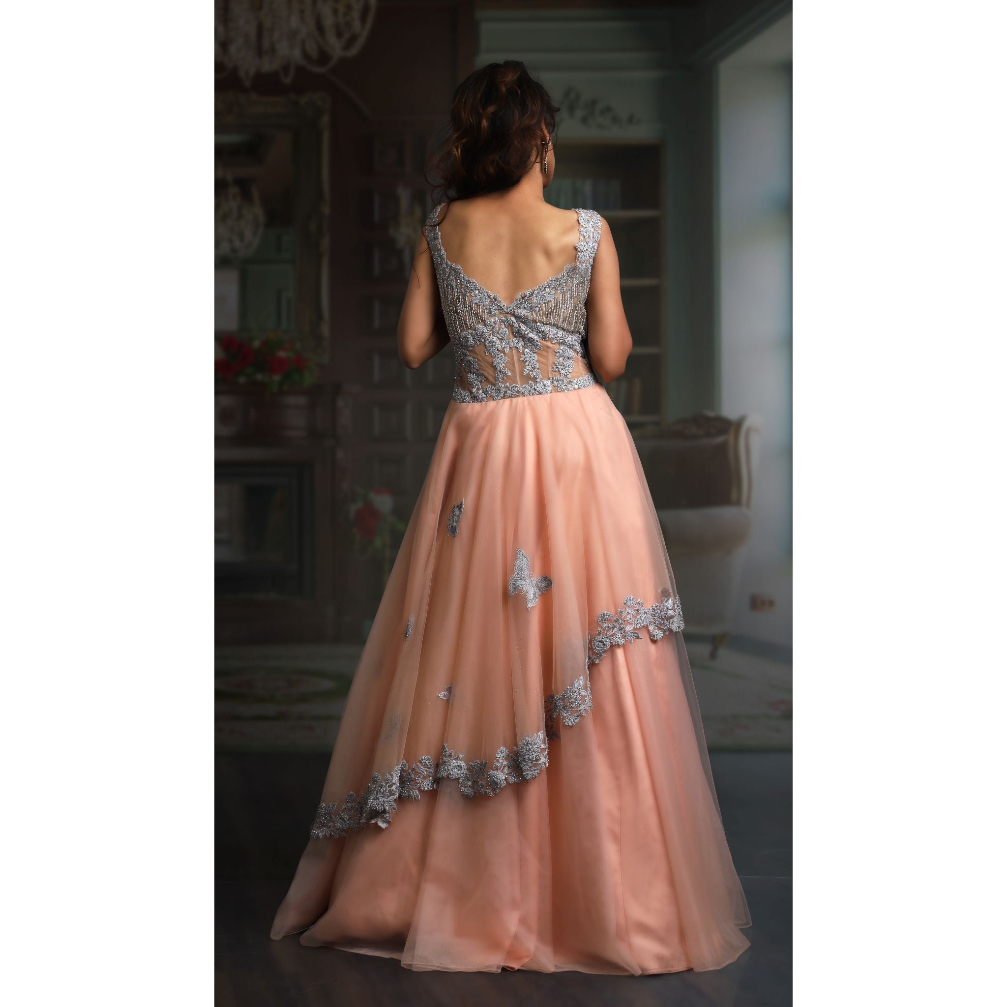 Peach Asymmetrical Gown - Indian Designer Bridal Wedding Outfit