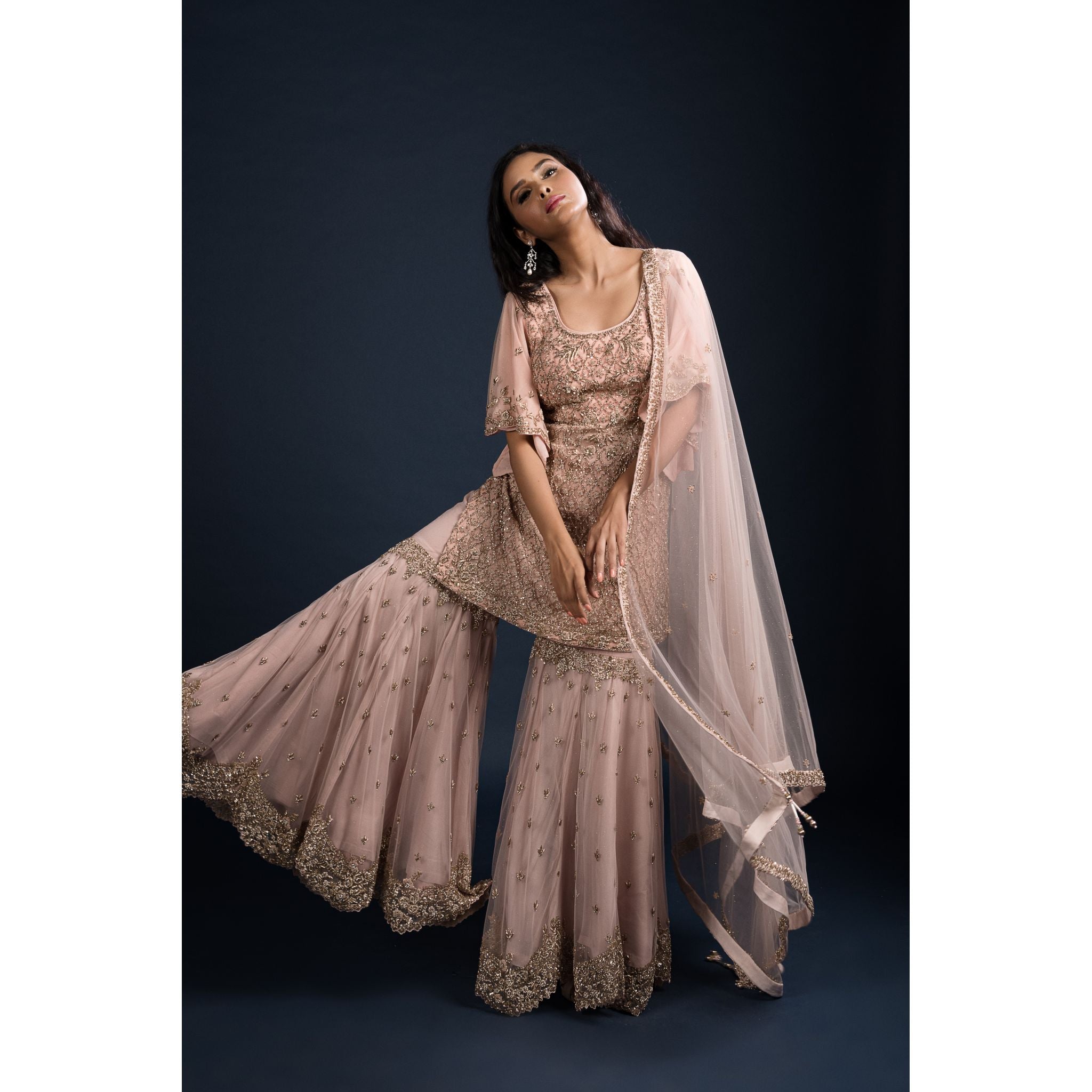 Peach Gold Sharara Set - Indian Designer Bridal Wedding Outfit