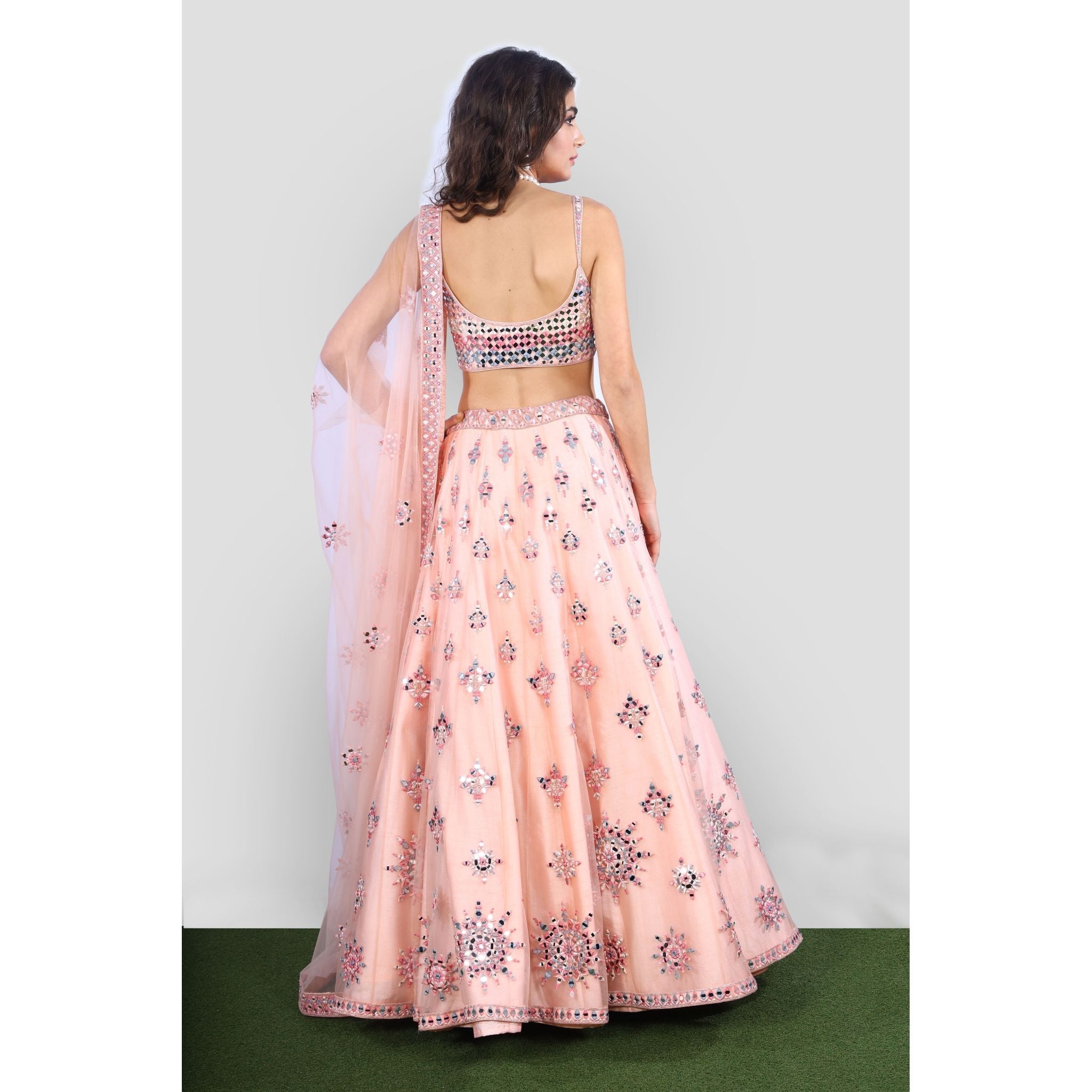 Peach Pink Mirrorwork Lehenga Set - Indian Designer Bridal Wedding Outfit
