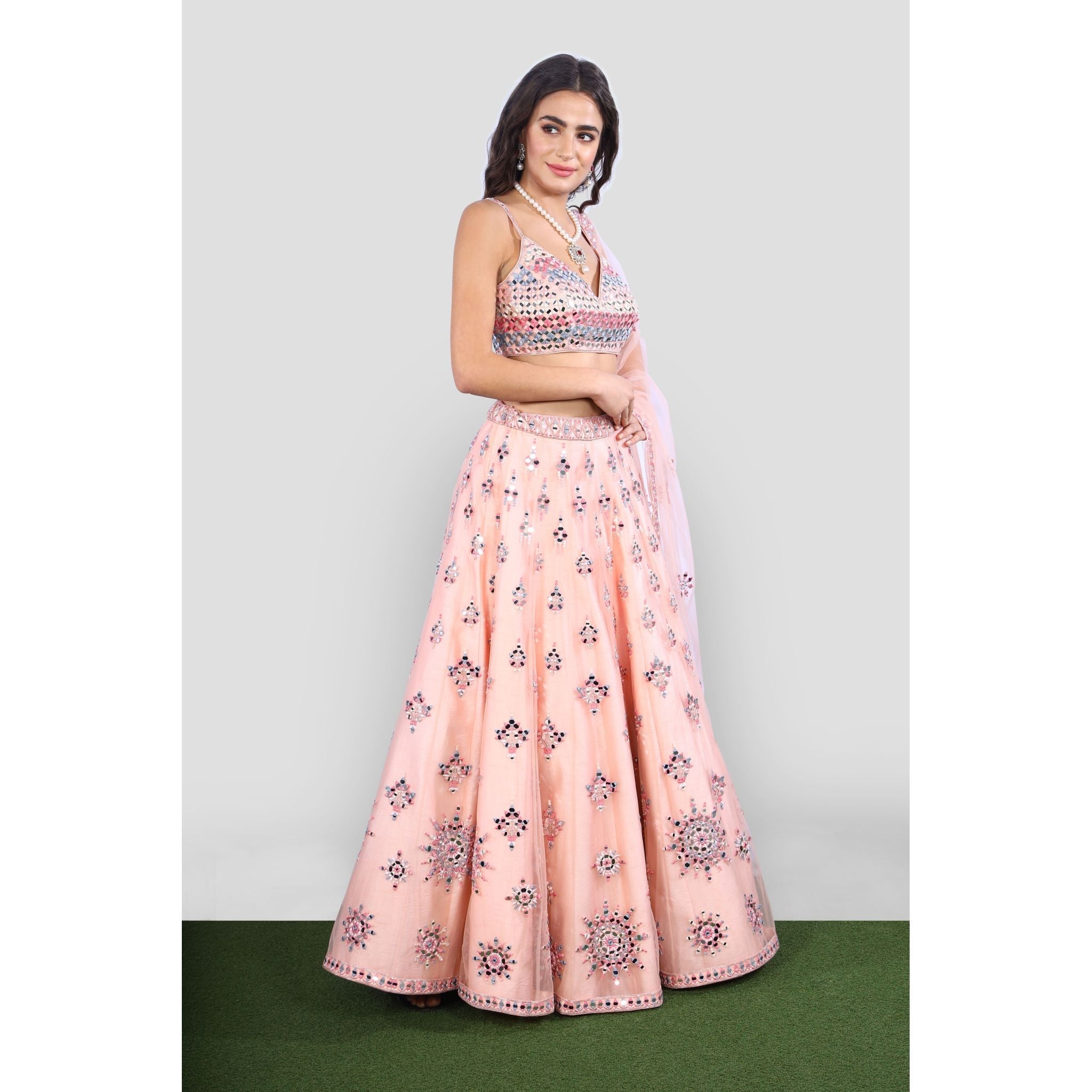 Peach Pink Mirrorwork Lehenga Set - Indian Designer Bridal Wedding Outfit