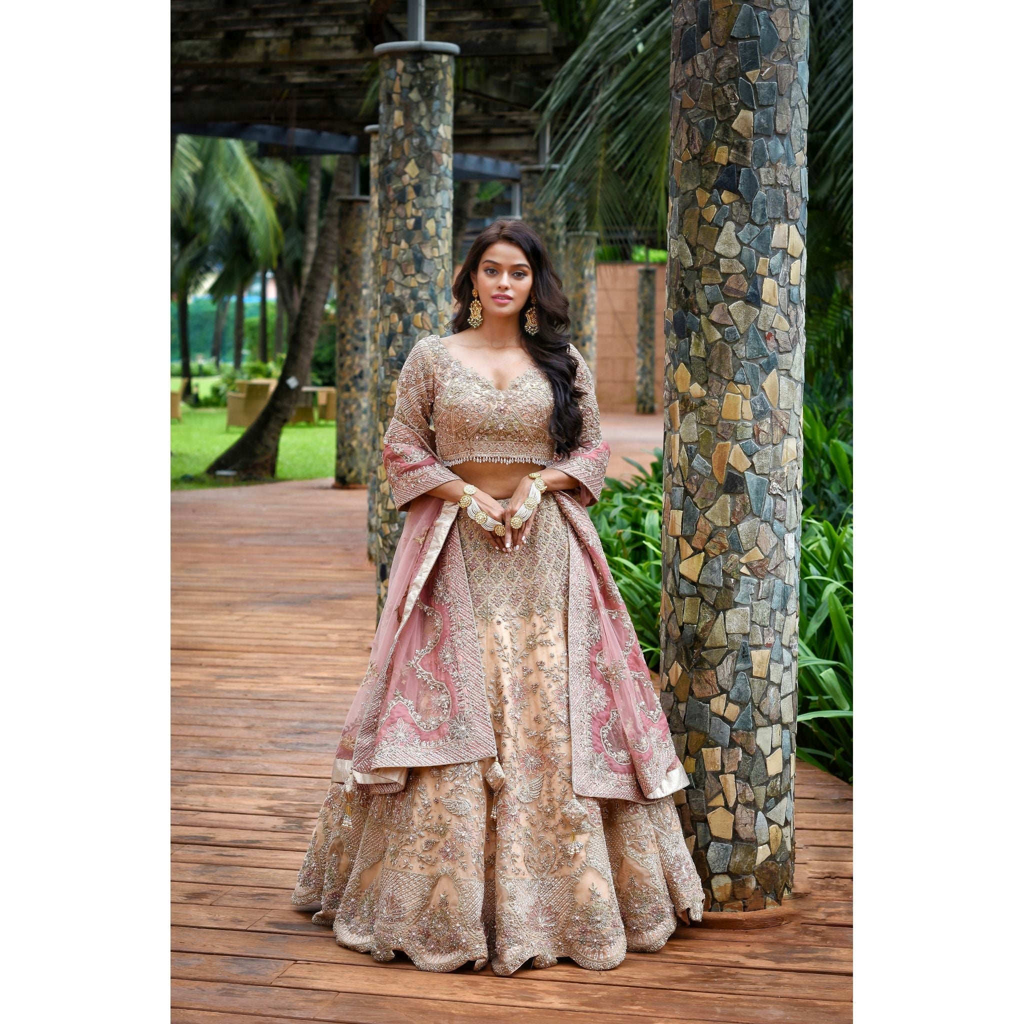Peach Rose Applique Lehenga Set - Indian Designer Bridal Wedding Outfit