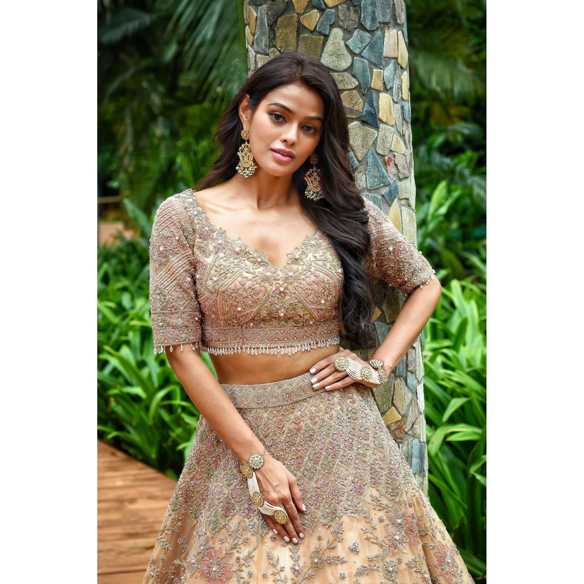 Peach Rose Applique Lehenga Set - Indian Designer Bridal Wedding Outfit