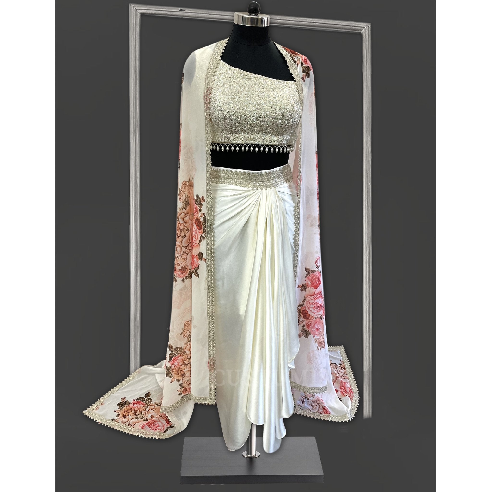 Pearl White Dhoti and Floral cape Set - Indian Designer Bridal Wedding Outfit