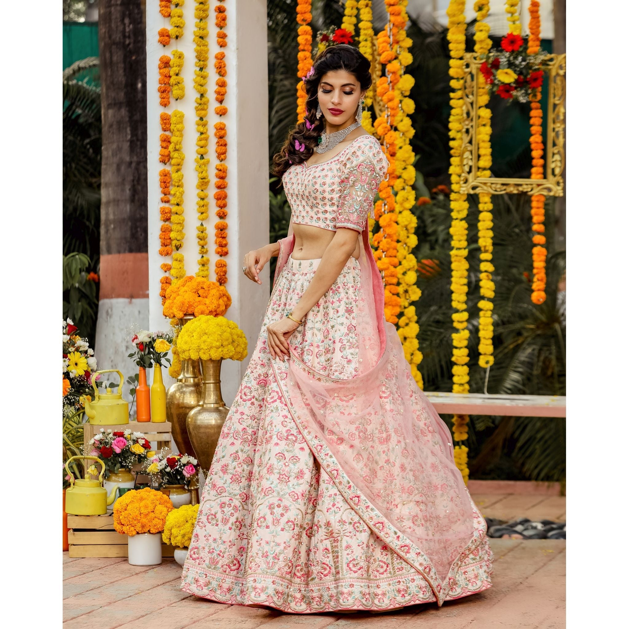 Pink Floral Lehenga Set - Indian Designer Bridal Wedding Outfit
