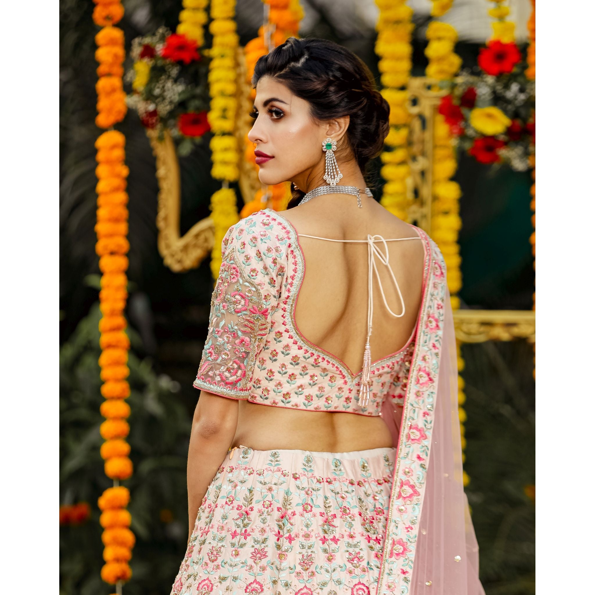 Pink Floral Lehenga Set - Indian Designer Bridal Wedding Outfit