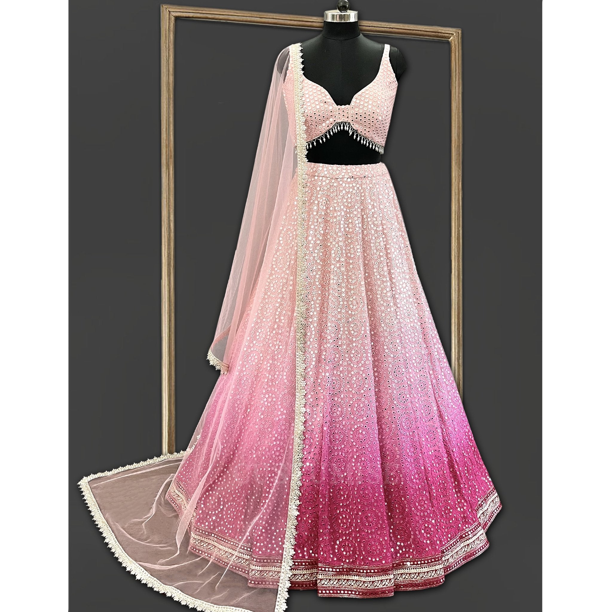 Pink Ombre Mirror Work Lehenga - Indian Designer Bridal Wedding Outfit