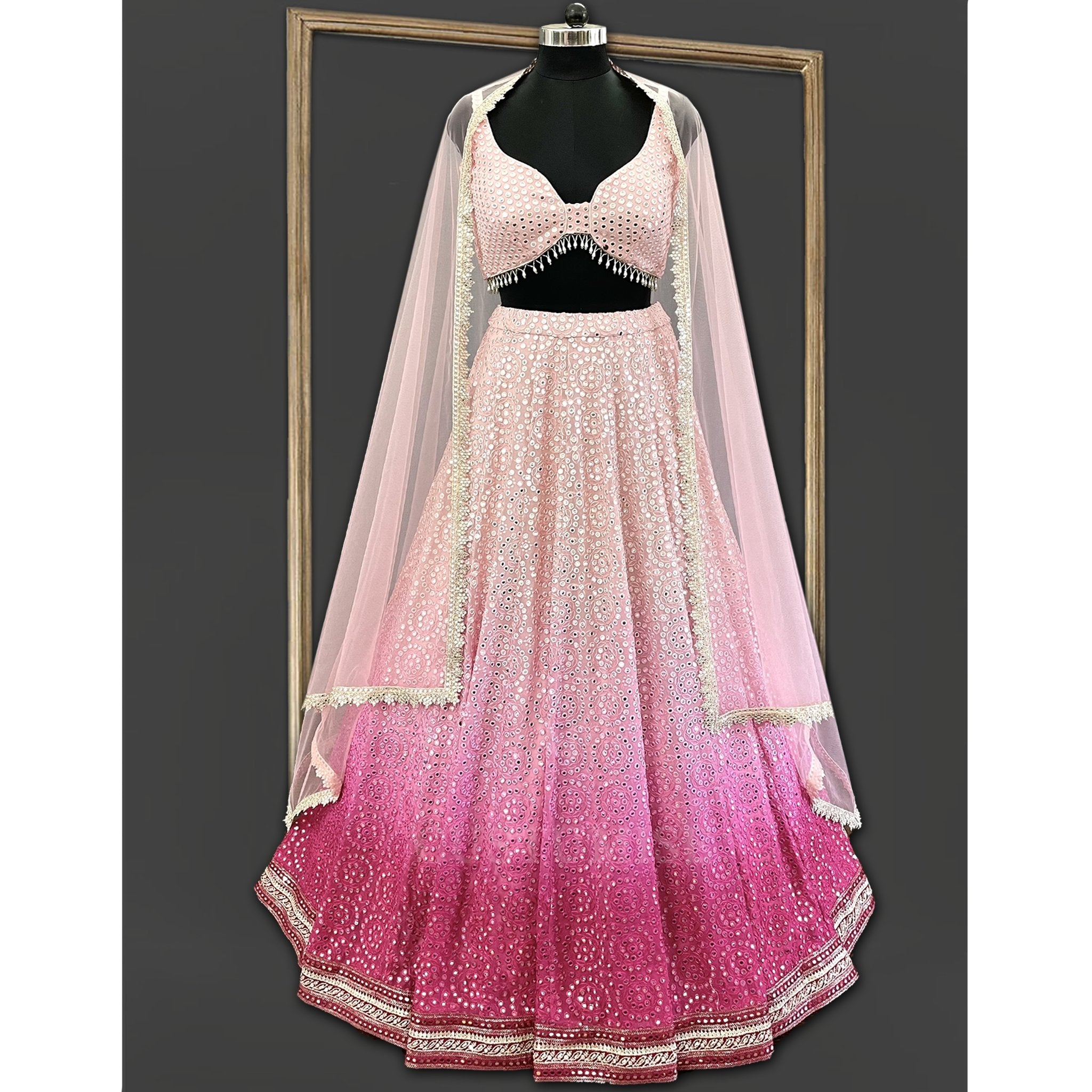Pink Ombre Mirror Work Lehenga - Indian Designer Bridal Wedding Outfit