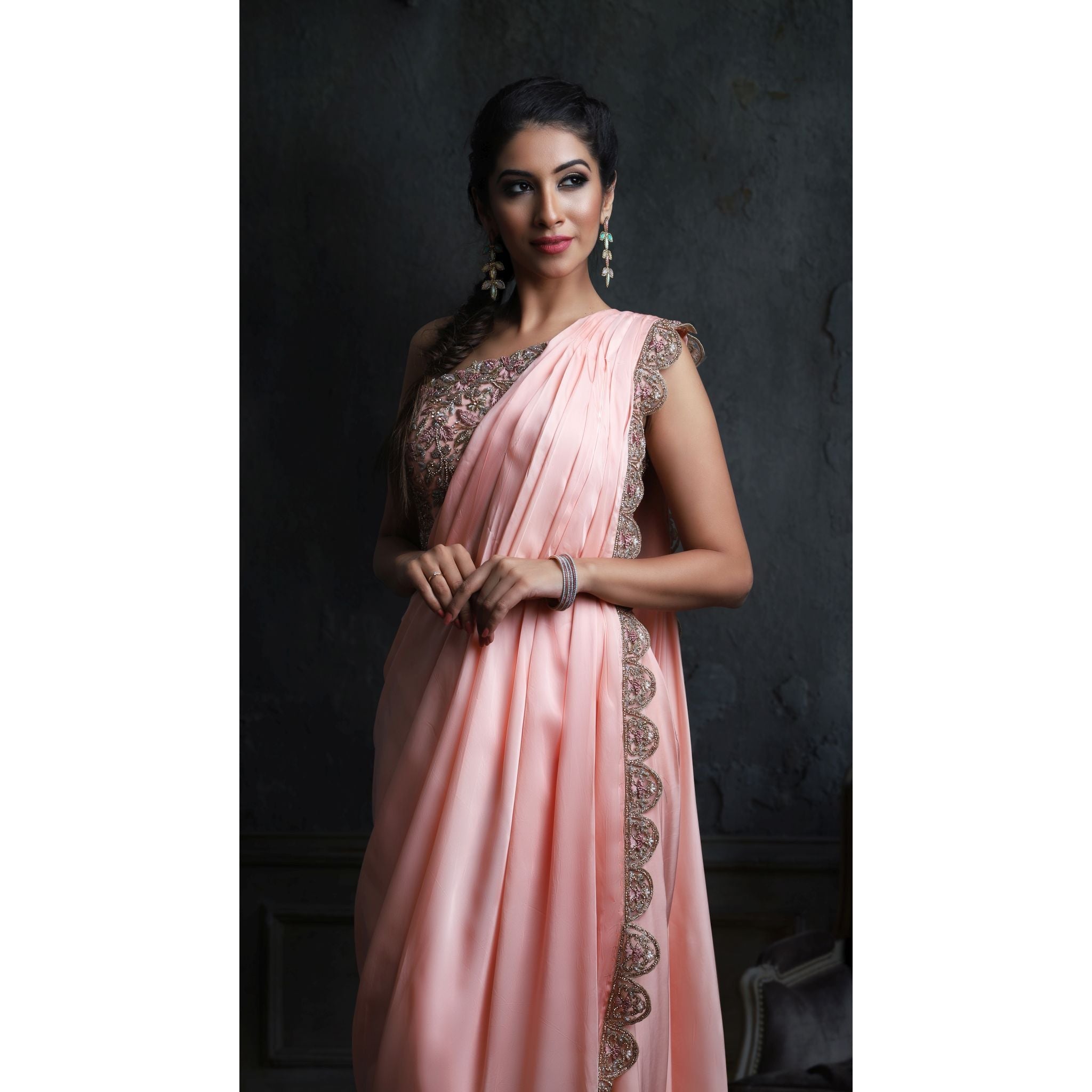 Pink Pre-Drapped Saree - Indian Designer Bridal Wedding Outfit