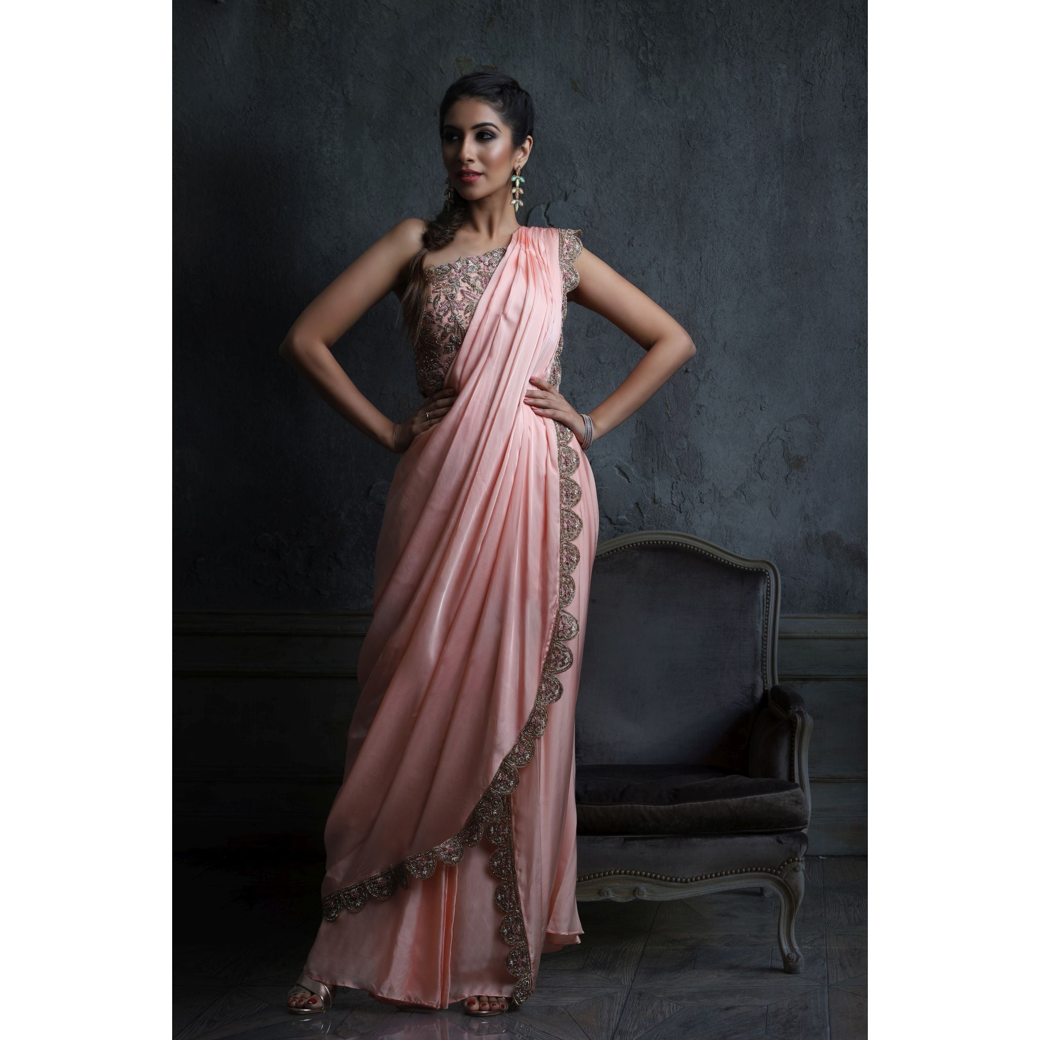 Pink Pre-Drapped Saree - Indian Designer Bridal Wedding Outfit