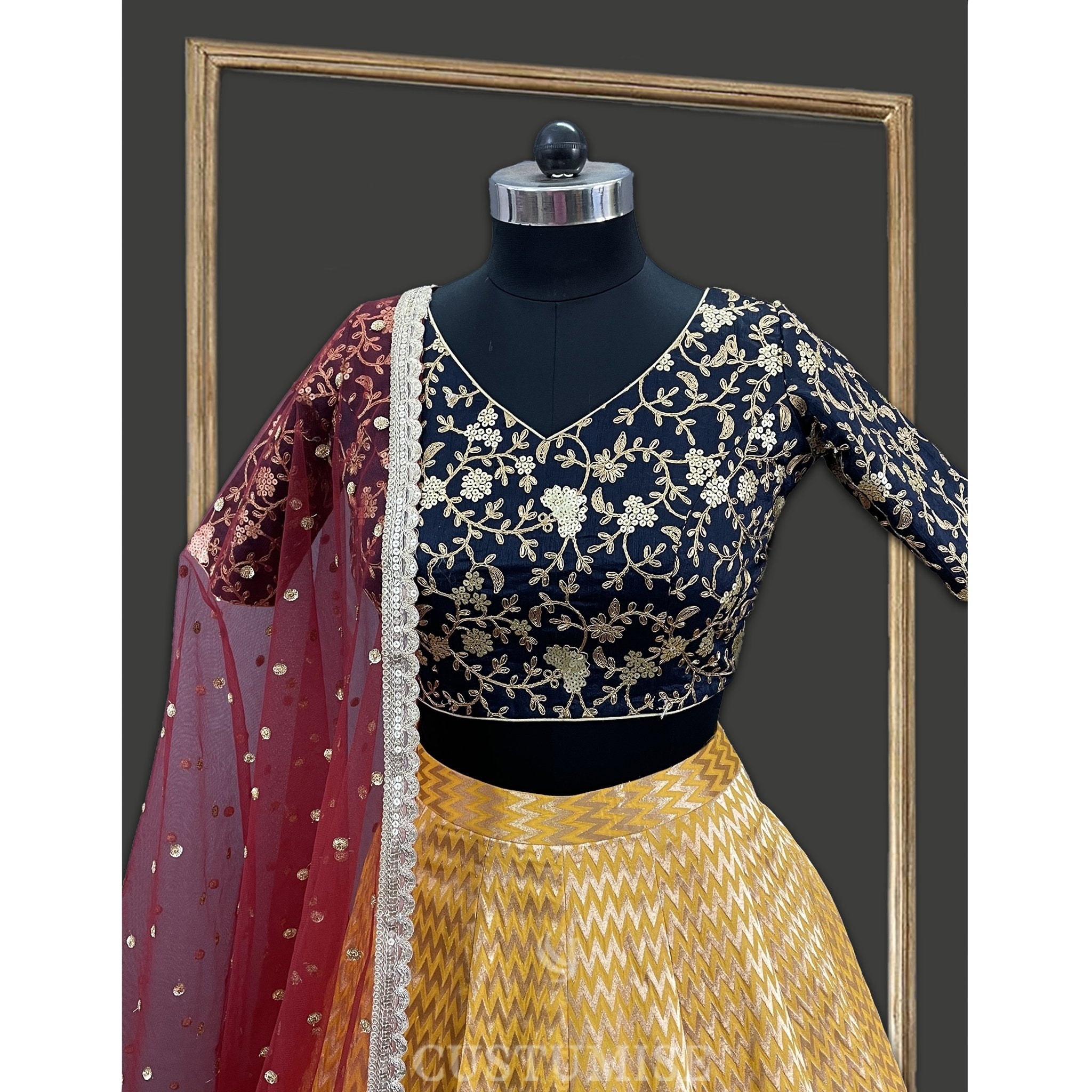 Radiant Yellow Chevron Banarsi Lehenga - Indian Designer Bridal Wedding Outfit