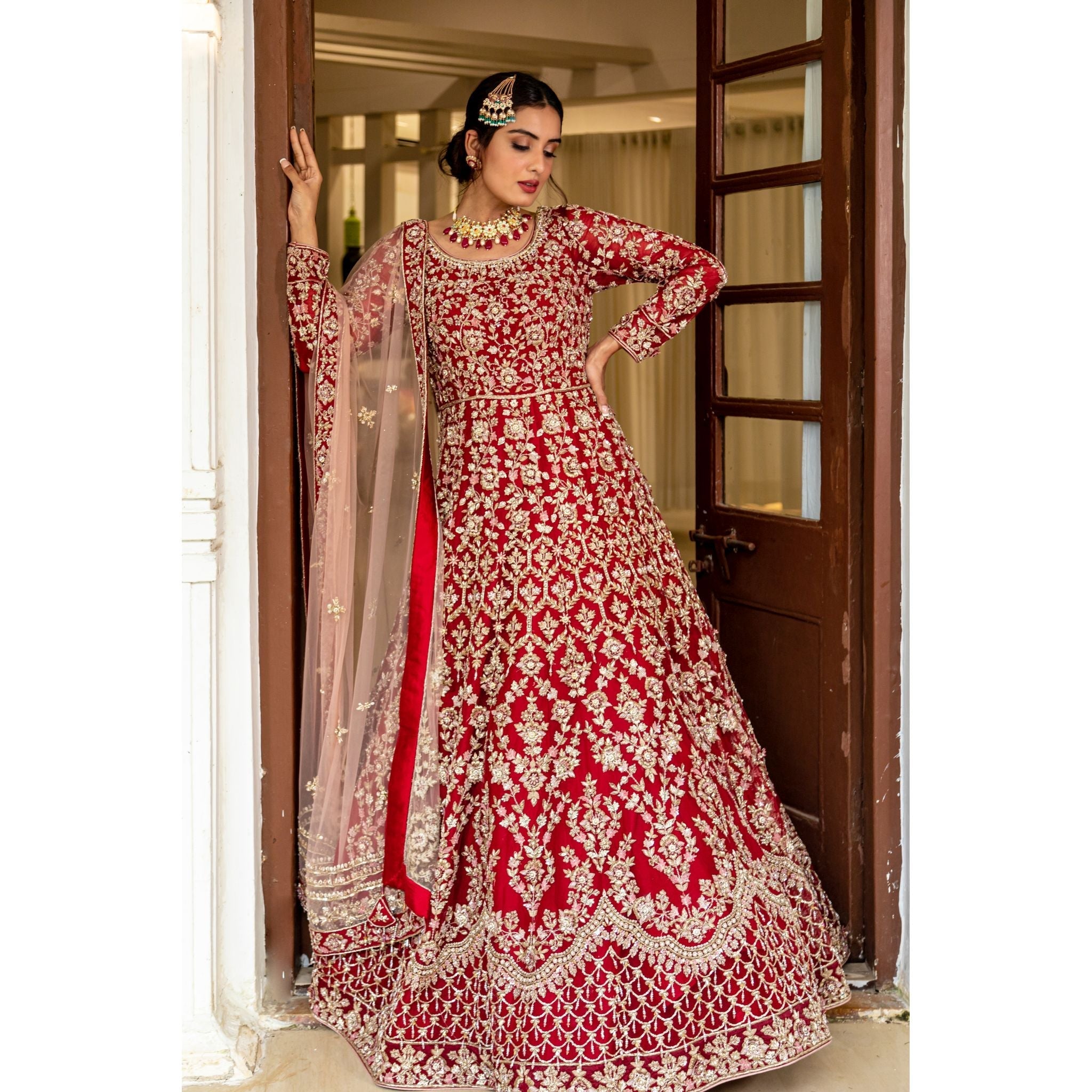 Red And Gold Bridal Anarkali Set - Indian Designer Bridal Wedding Outfit