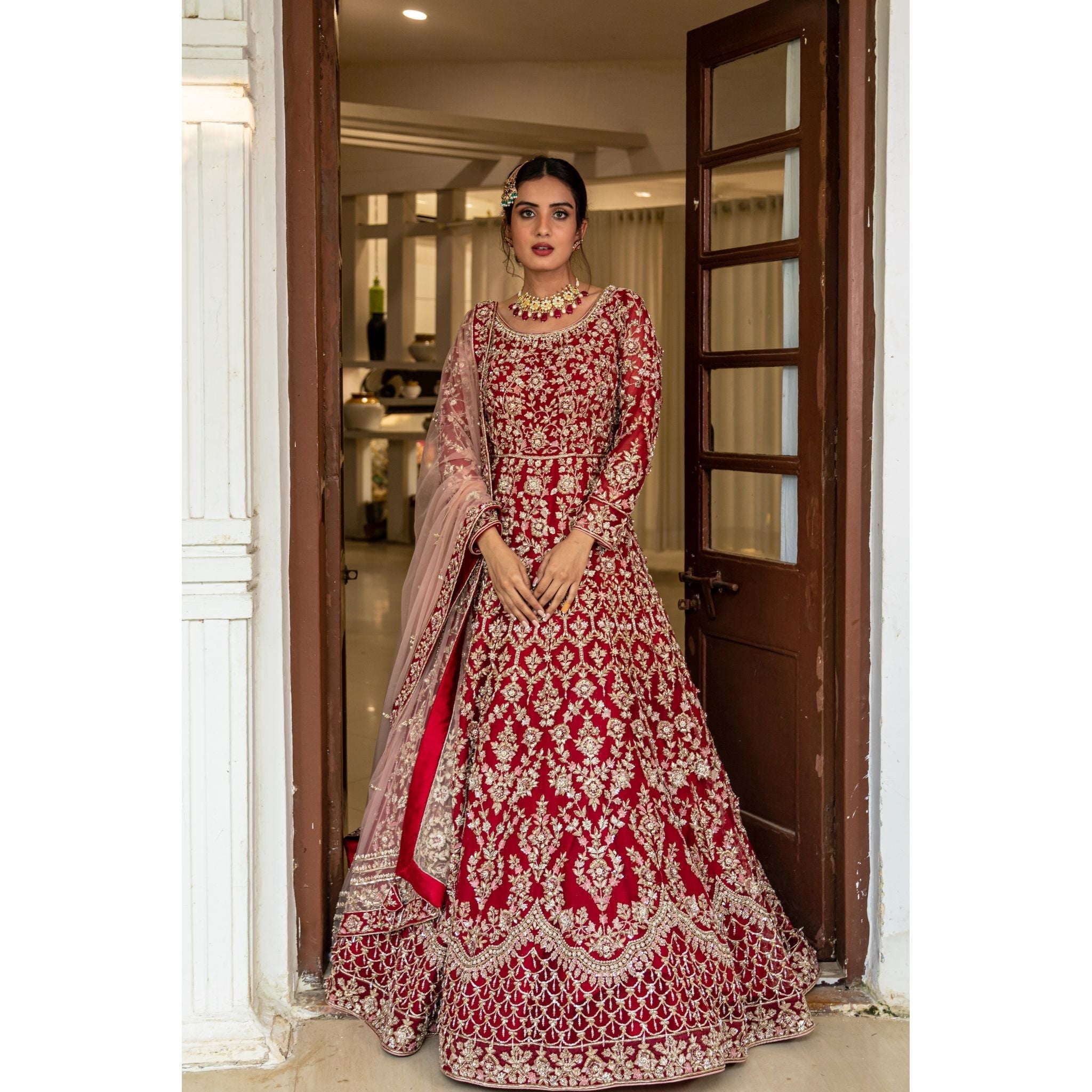 Red And Gold Bridal Anarkali Set - Indian Designer Bridal Wedding Outfit