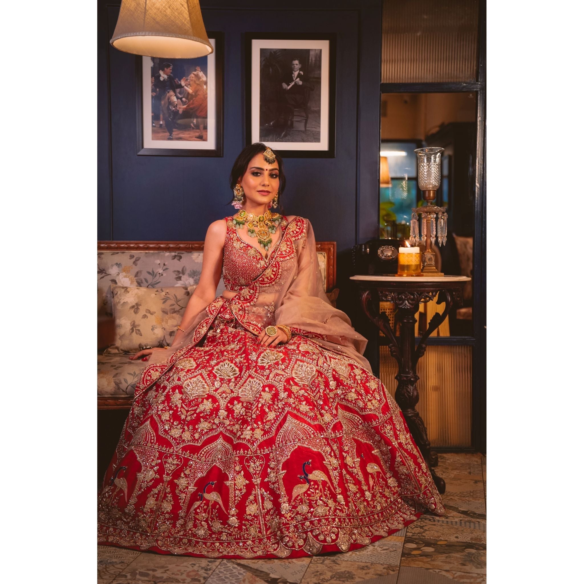 Red And Gold Peacock Lehenga Set - Indian Designer Bridal Wedding Outfit