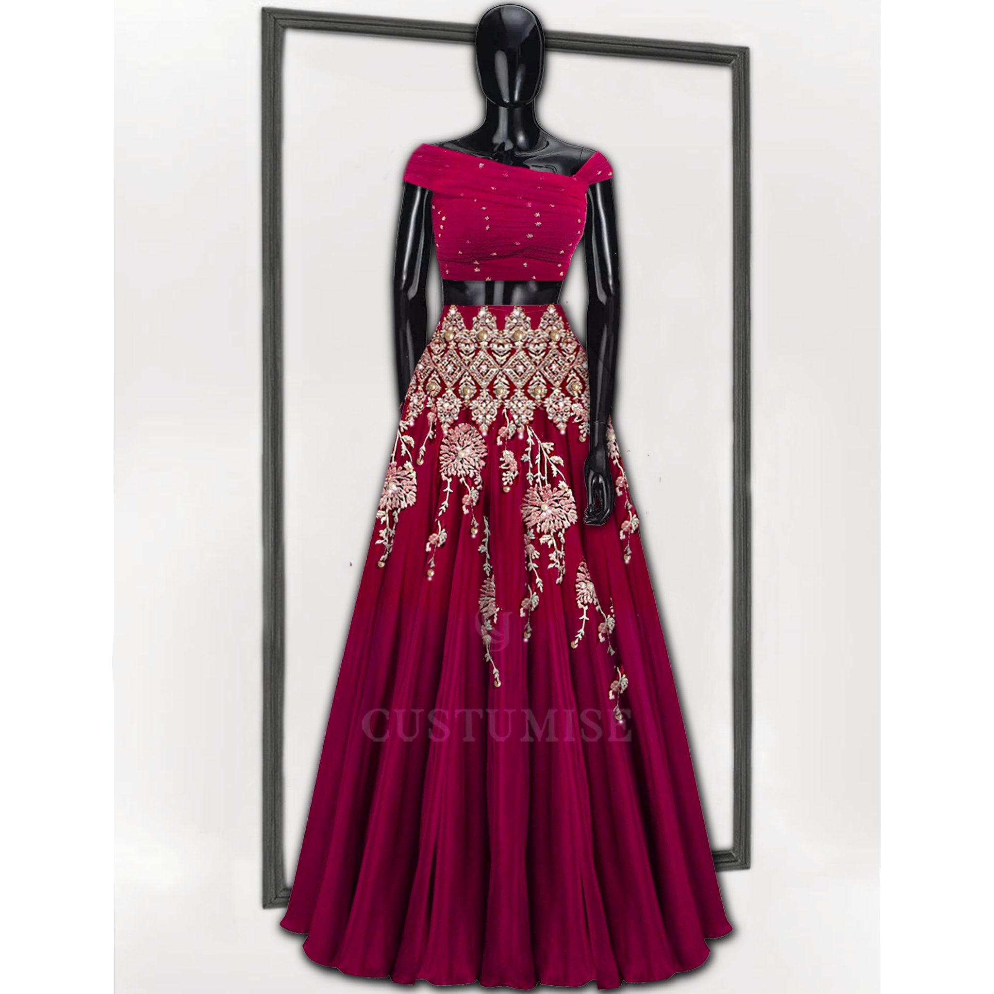 Red and Pink Ombre Embroidered Skirt Set - Indian Designer Bridal Wedding Outfit