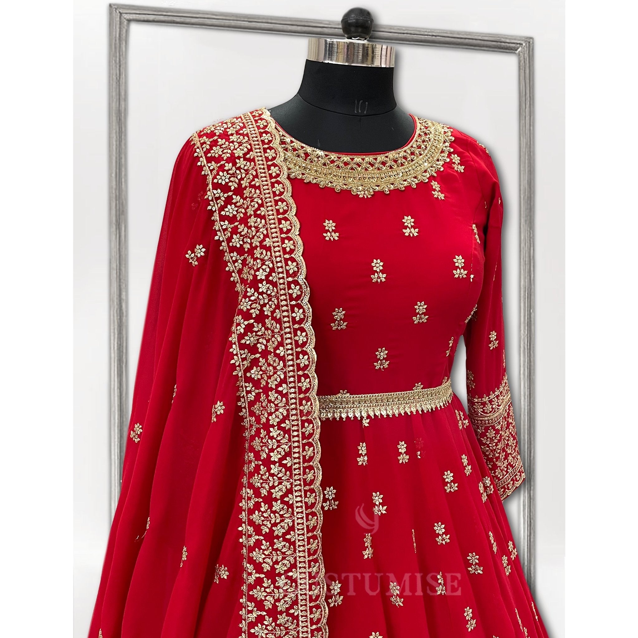 Red embroidered Anarkali lehenga set - Indian Designer Bridal Wedding Outfit