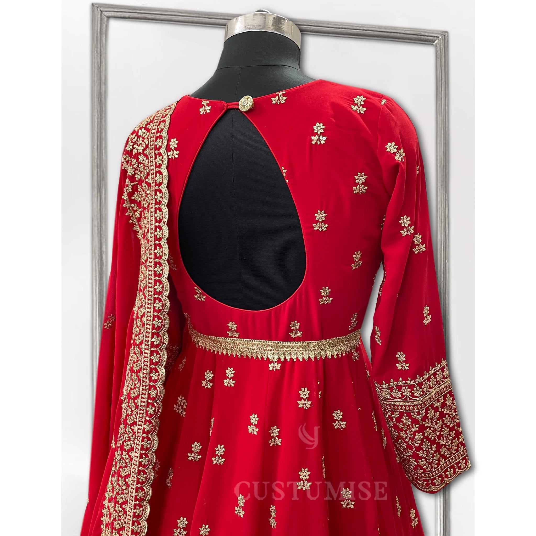 Red embroidered Anarkali lehenga set - Indian Designer Bridal Wedding Outfit
