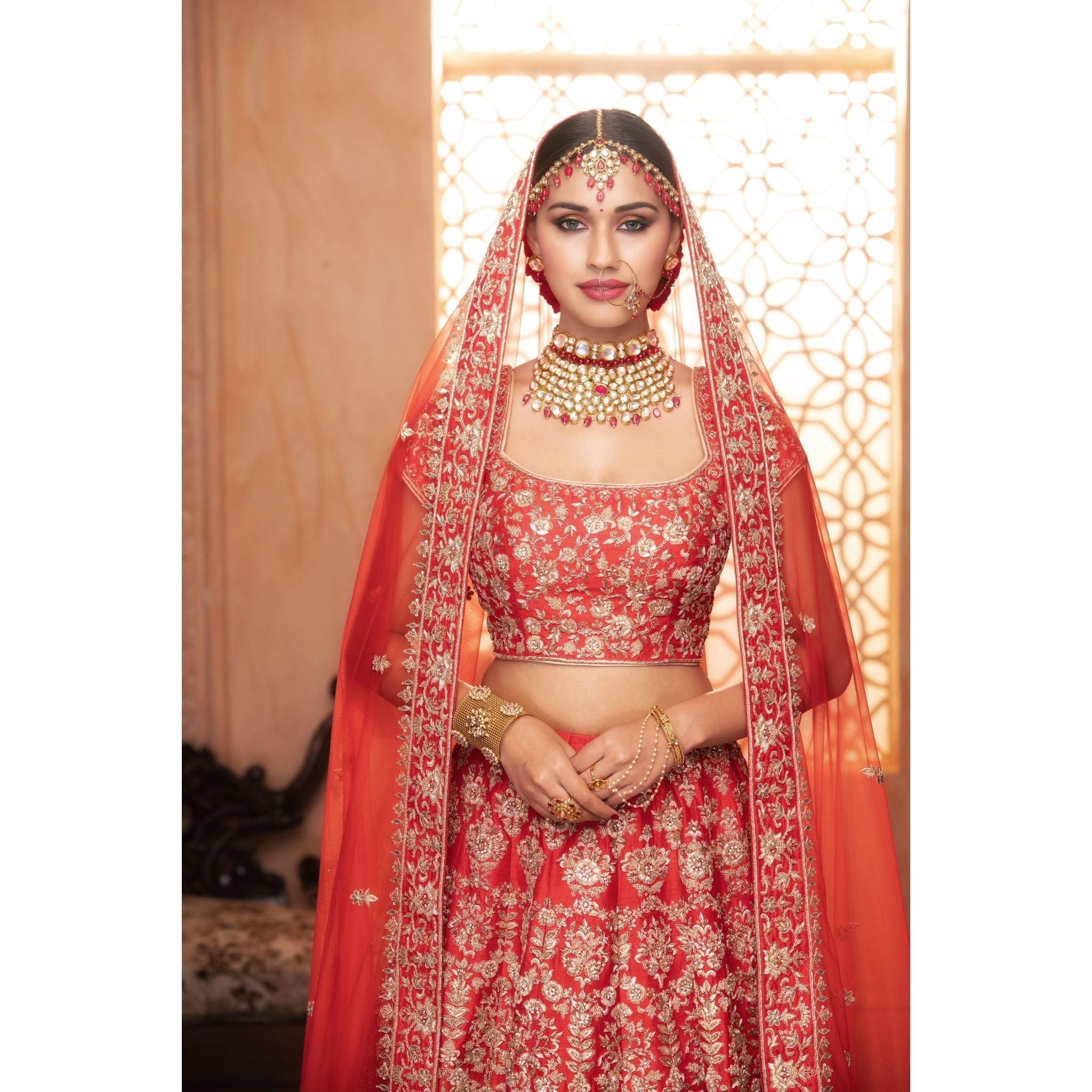 Red Honeycomb Lehenga Set - Indian Designer Bridal Wedding Outfit
