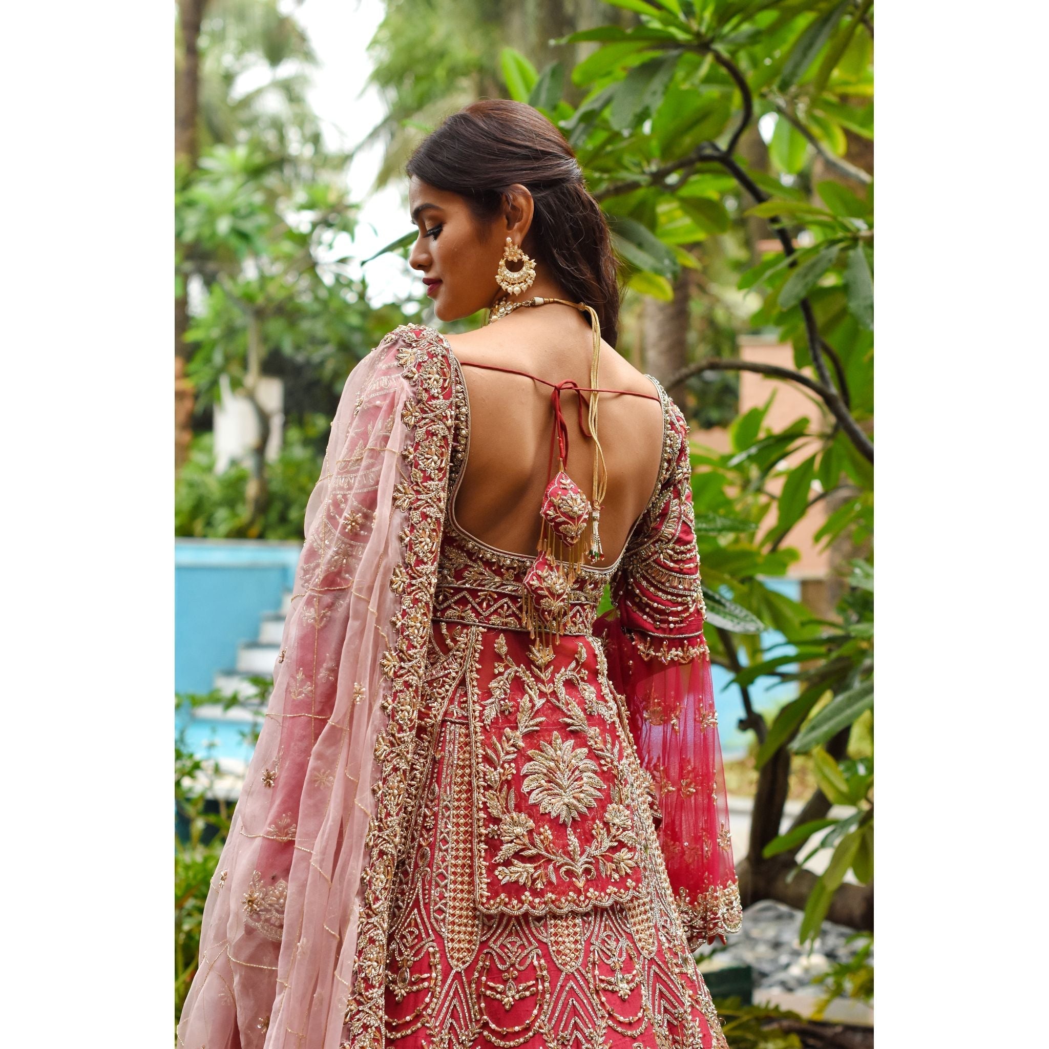 Red Peplum Persian Lehenga Set - Indian Designer Bridal Wedding Outfit