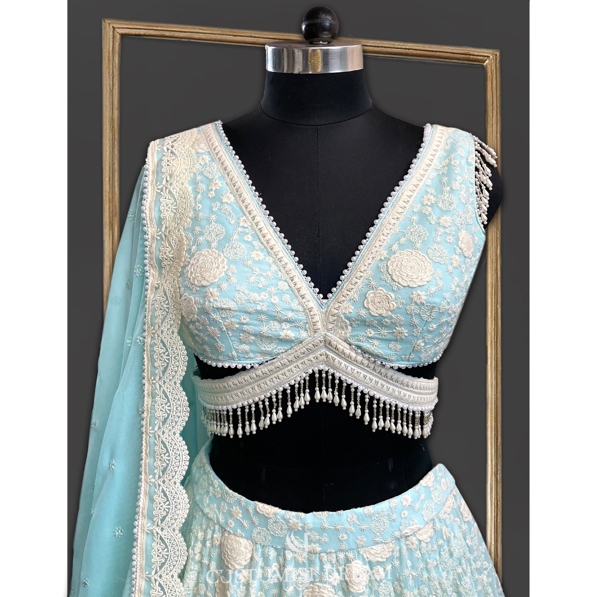 Regal Azure Bloom- Pastel Blue Lehenga - Indian Designer Bridal Wedding Outfit