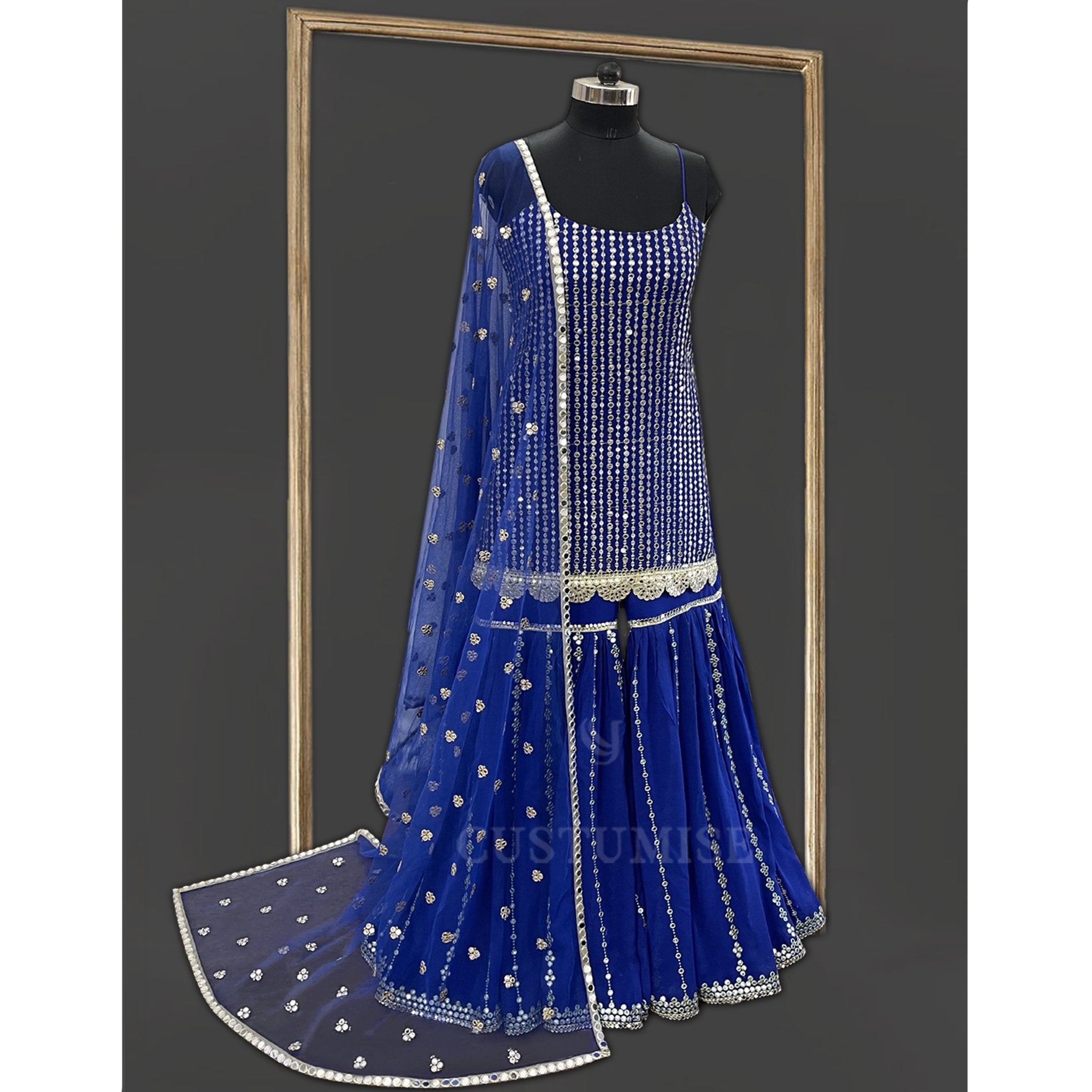 Royal Blue Abla Mirror Embroidered Sharara Set - Indian Designer Bridal Wedding Outfit