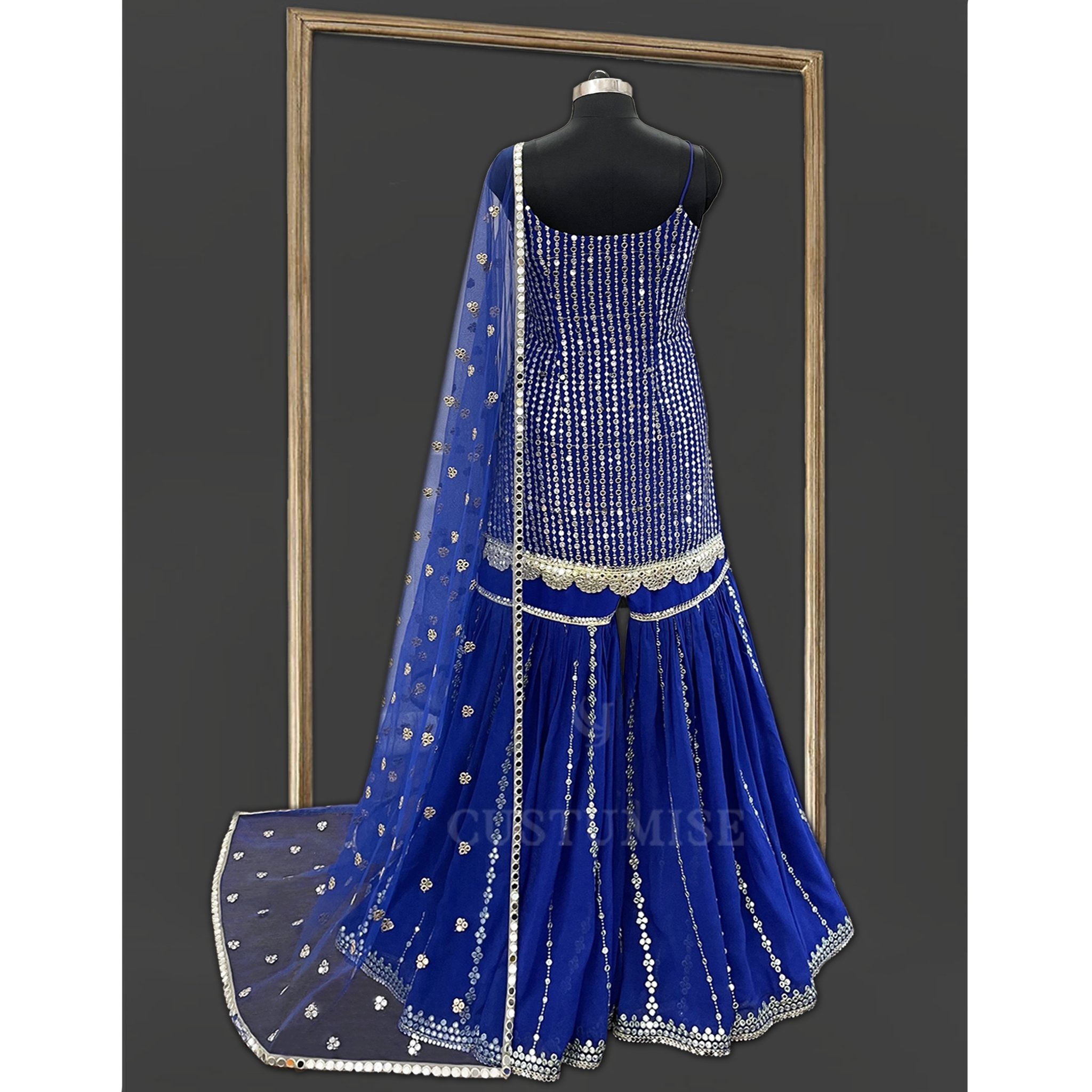 Royal Blue Abla Mirror Embroidered Sharara Set - Indian Designer Bridal Wedding Outfit