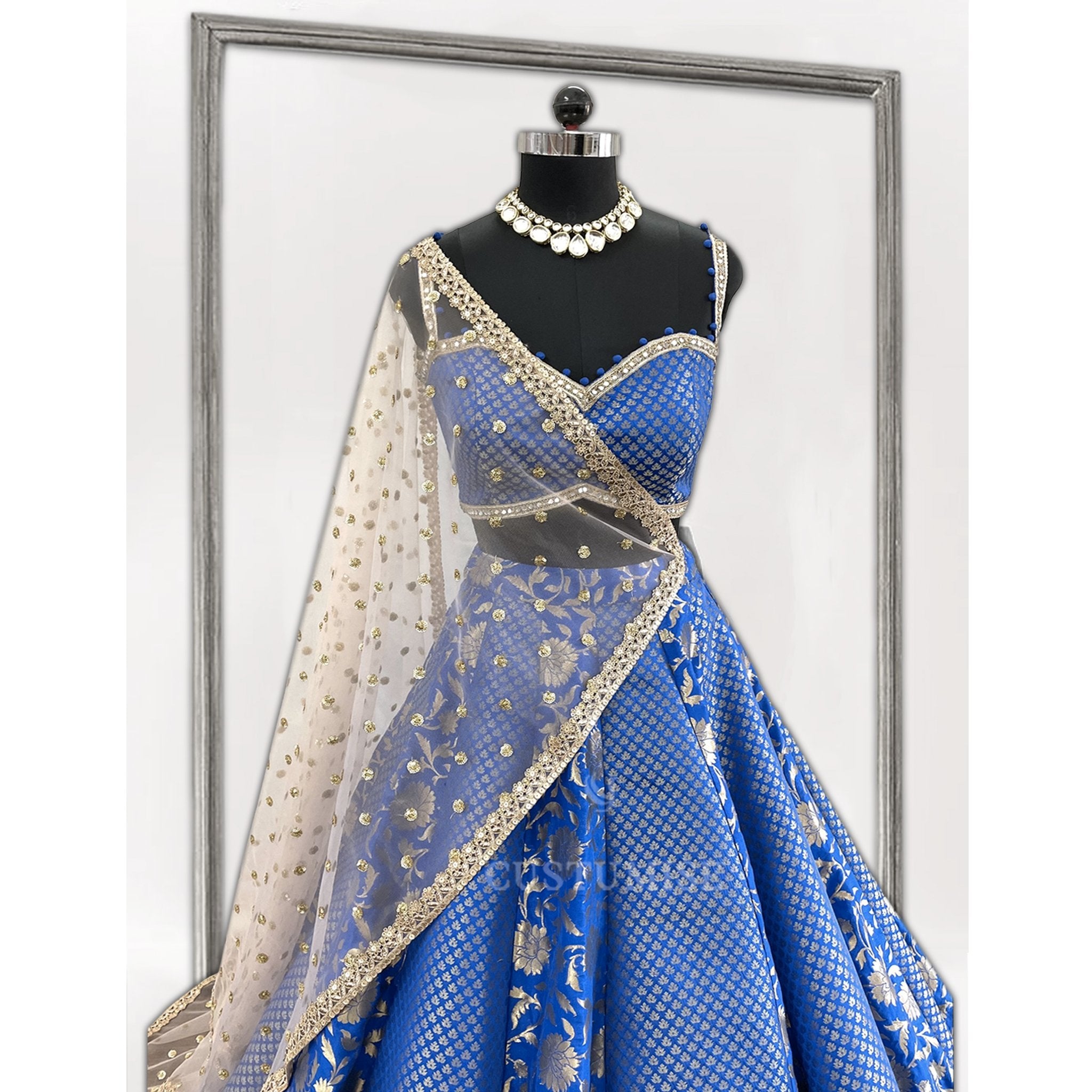 Royal Blue Banarsi Lehenga with Nude Pink Dupattta - Indian Designer Bridal Wedding Outfit