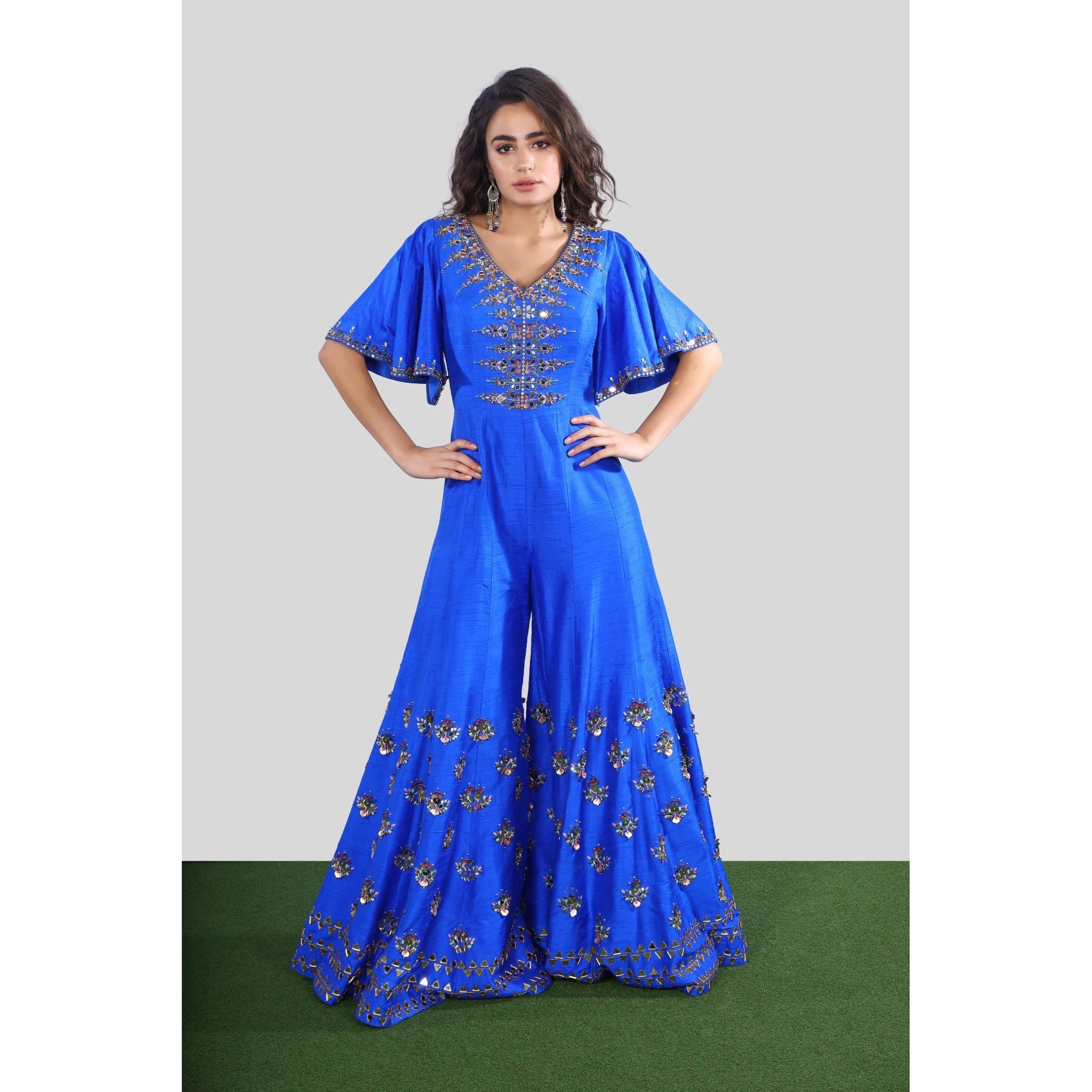 Royal Blue Silk Embroidered Palazzo Jumpsuit - Indian Designer Bridal Wedding Outfit