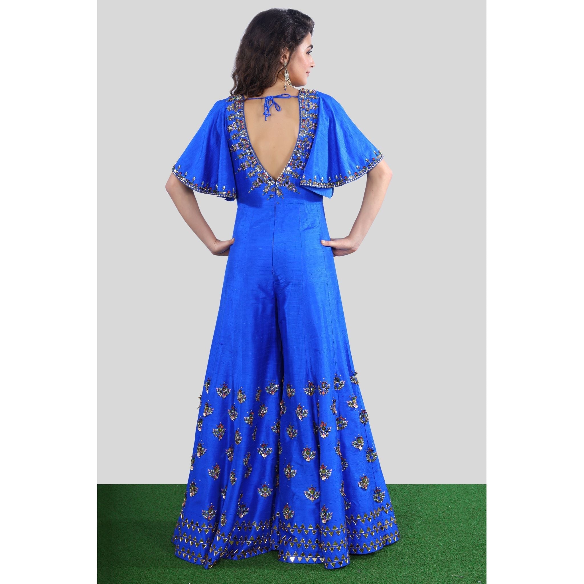 Royal Blue Silk Embroidered Palazzo Jumpsuit - Indian Designer Bridal Wedding Outfit
