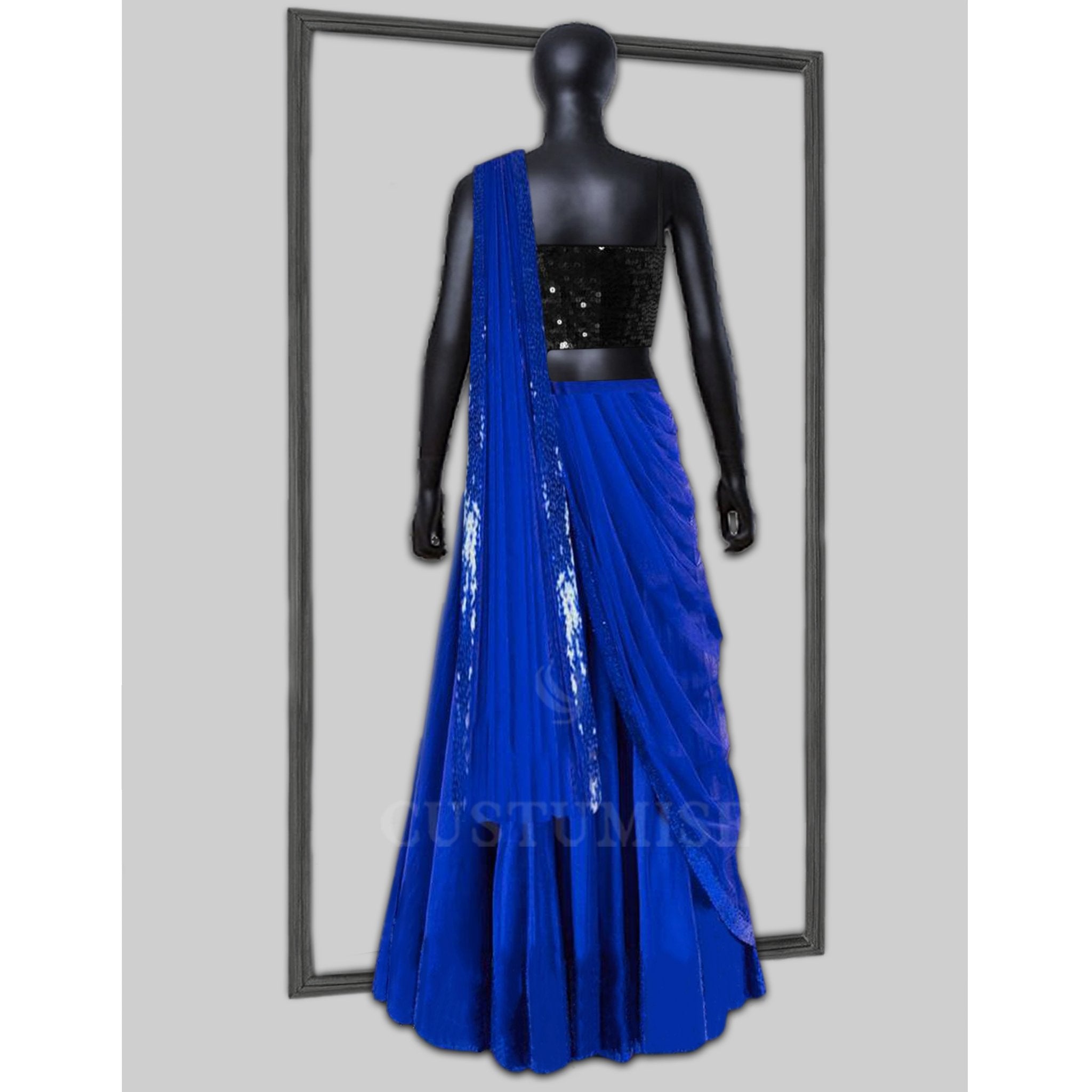 Royal Elegance: Blue Draped Saree with Black Sequin Blouse - Indian Designer Bridal Wedding Outfit