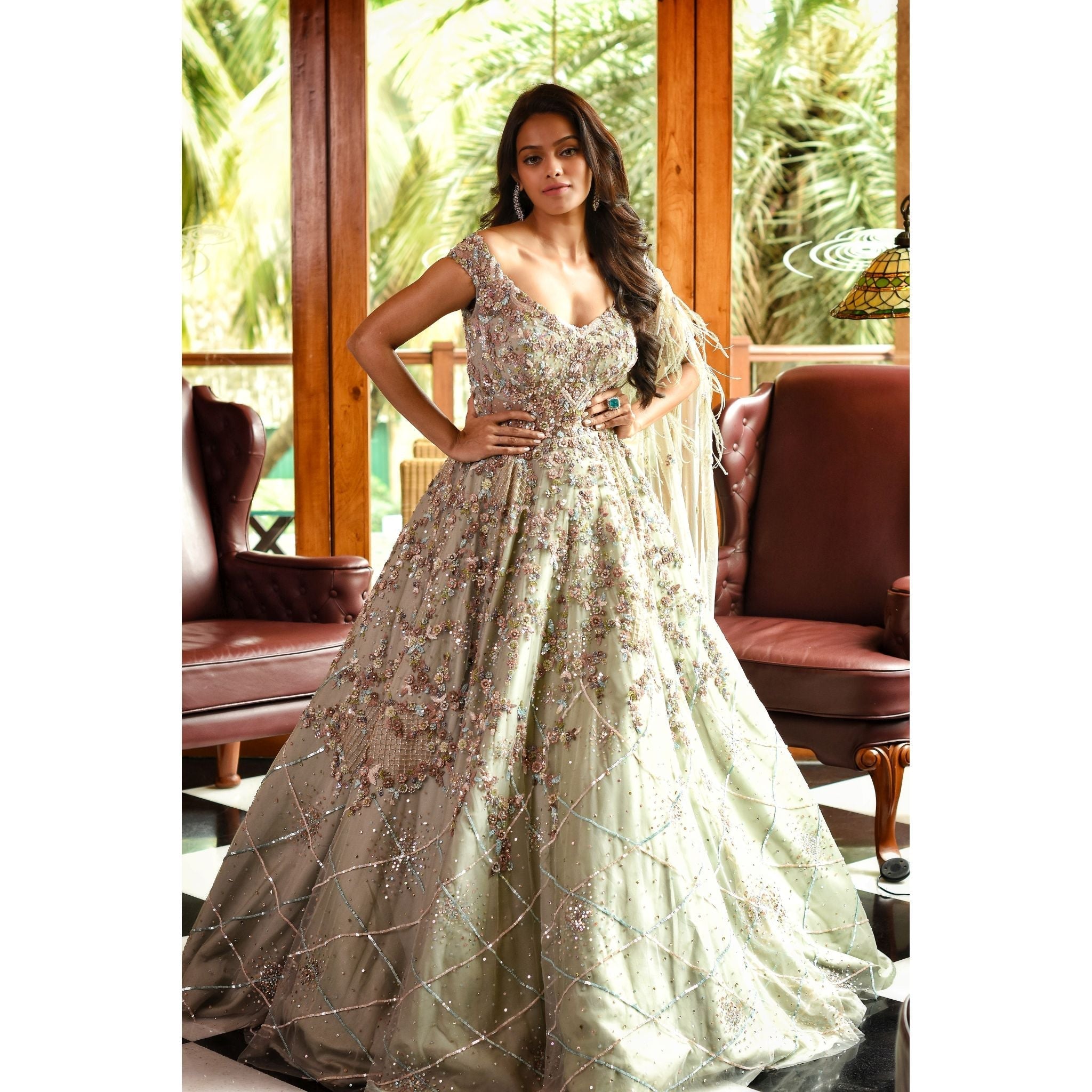 Sage Green Princess Gown - Indian Designer Bridal Wedding Outfit