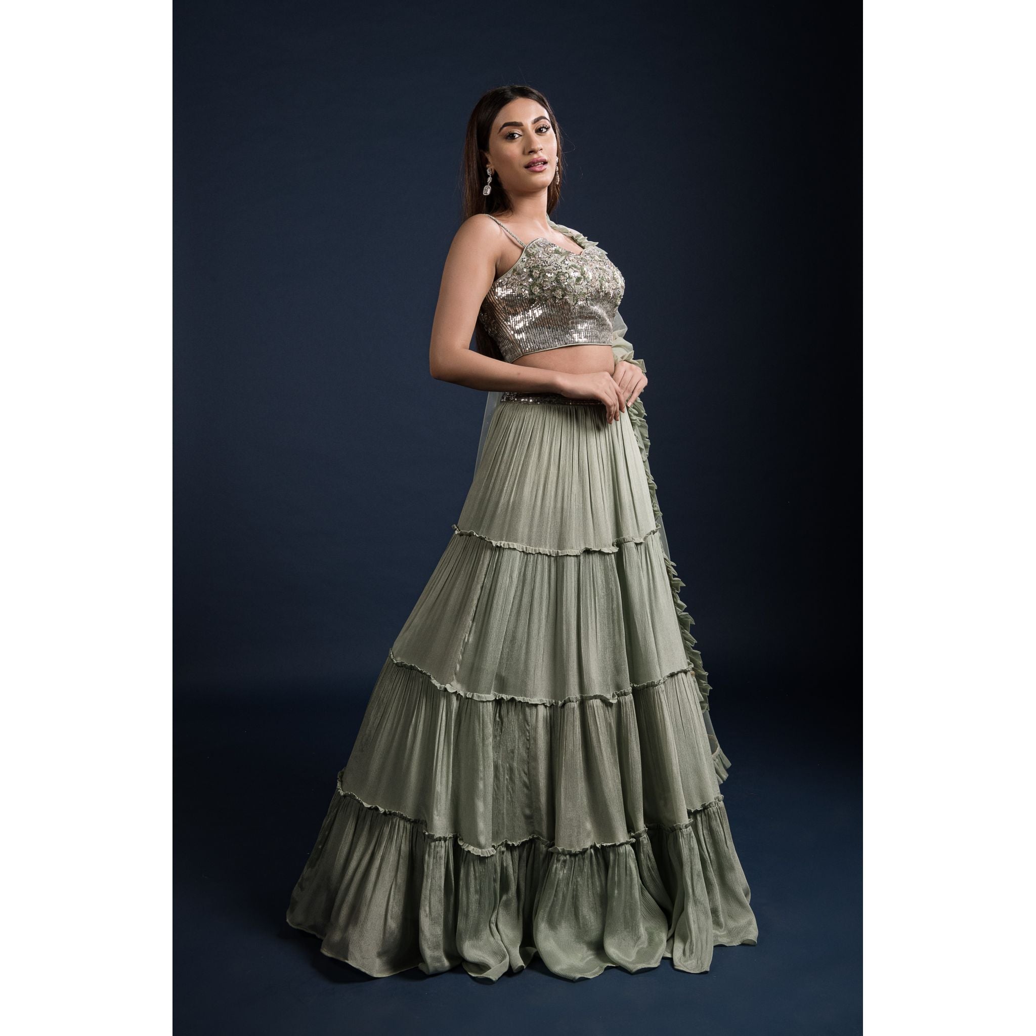 Sage Tiered Lehenga Set - Indian Designer Bridal Wedding Outfit